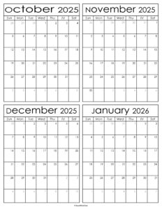 Printable October 2025 to January 2026 Calendars