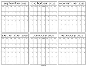 Printable September 2025 to February 2026 Calendar