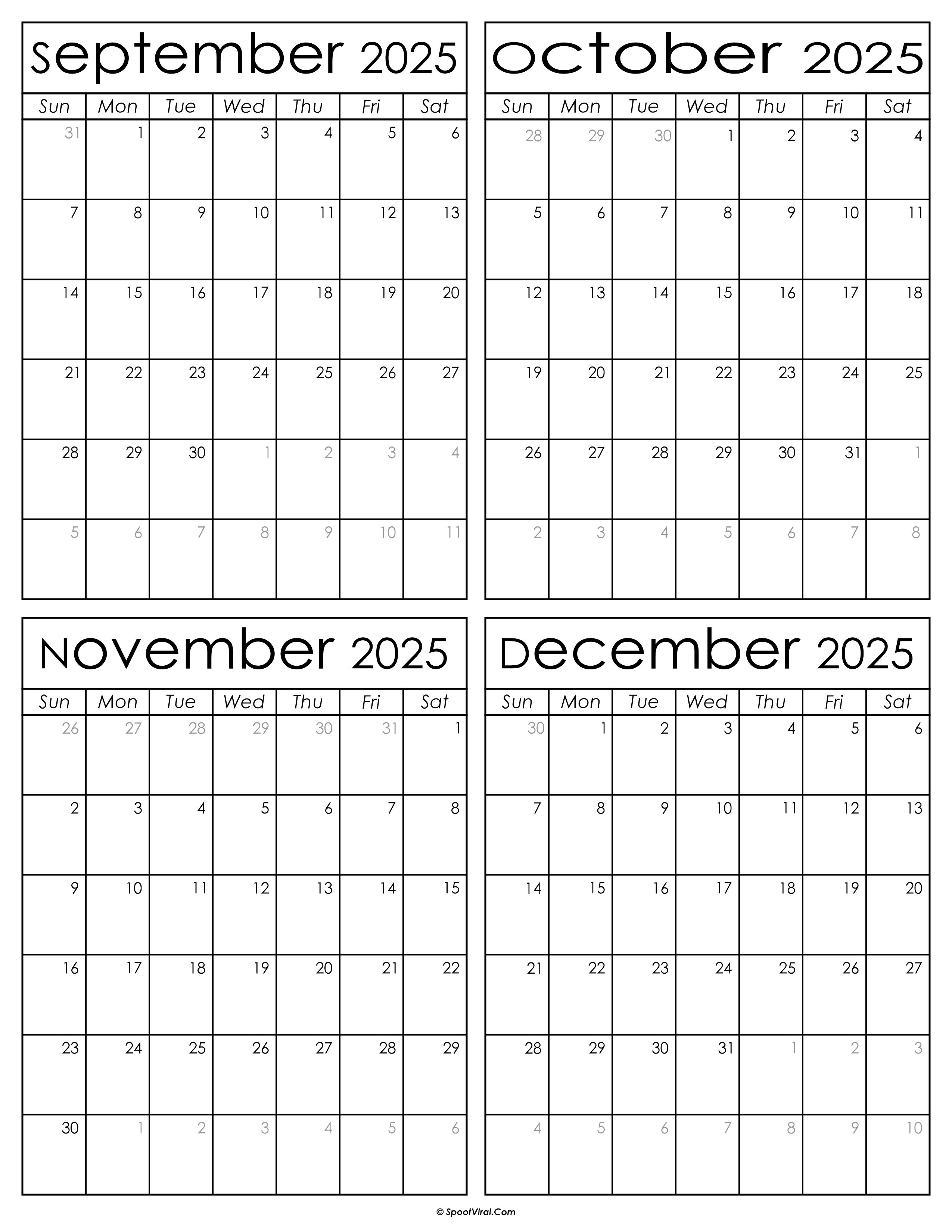 Printable September to December 2025 Calendars