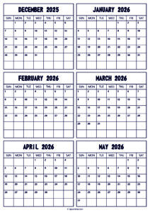 2025 December to 2026 May Calendar