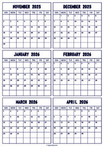 2025 November to 2026 April Calendar