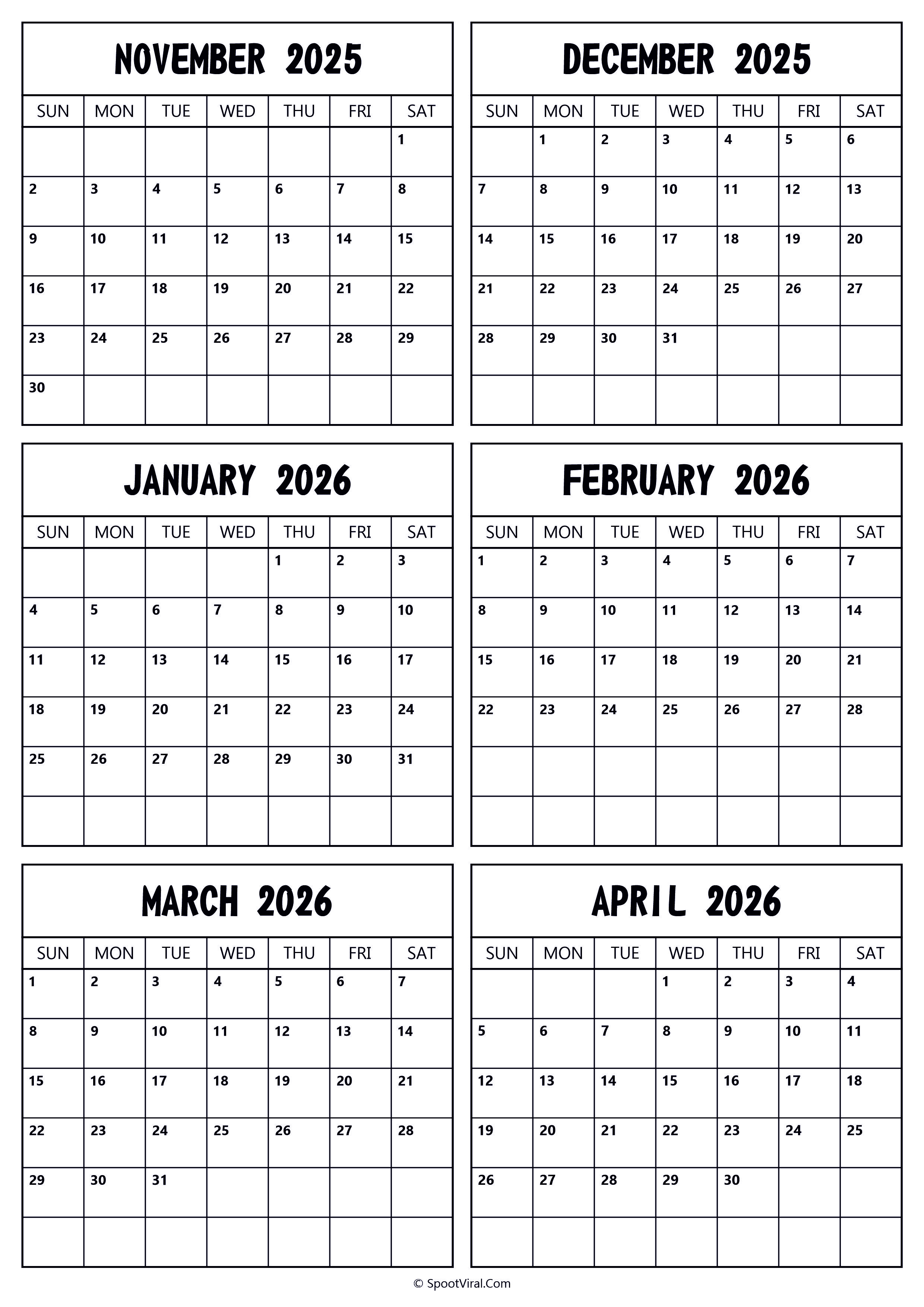 2025 November to 2026 April Calendar