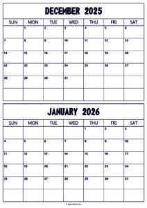 Calendar 2025 December 2026 January