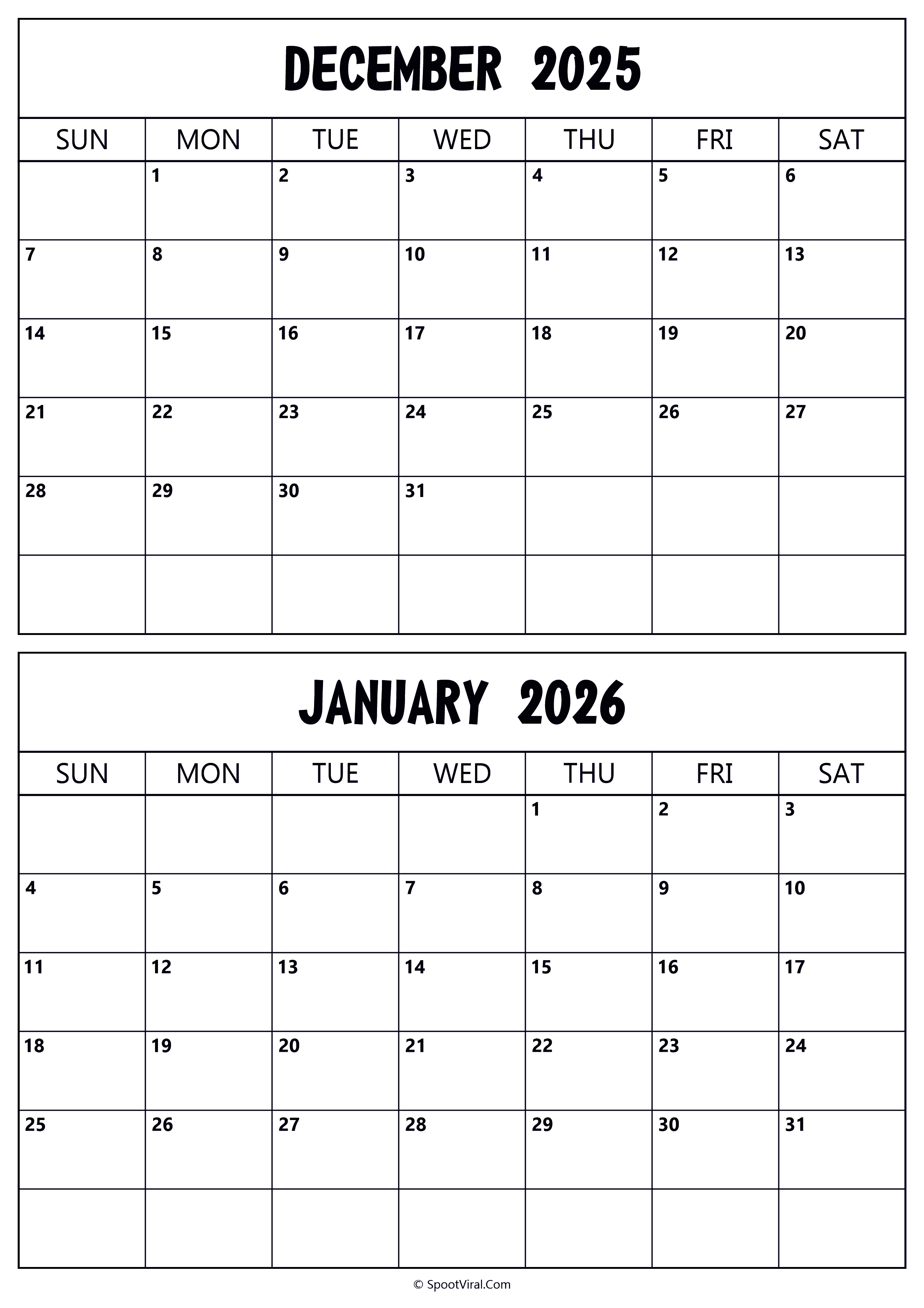 Calendar 2025 December 2026 January