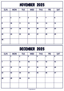Calendar 2025 November December