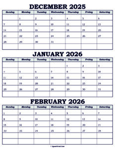 Calendar December 2025 January February 2026