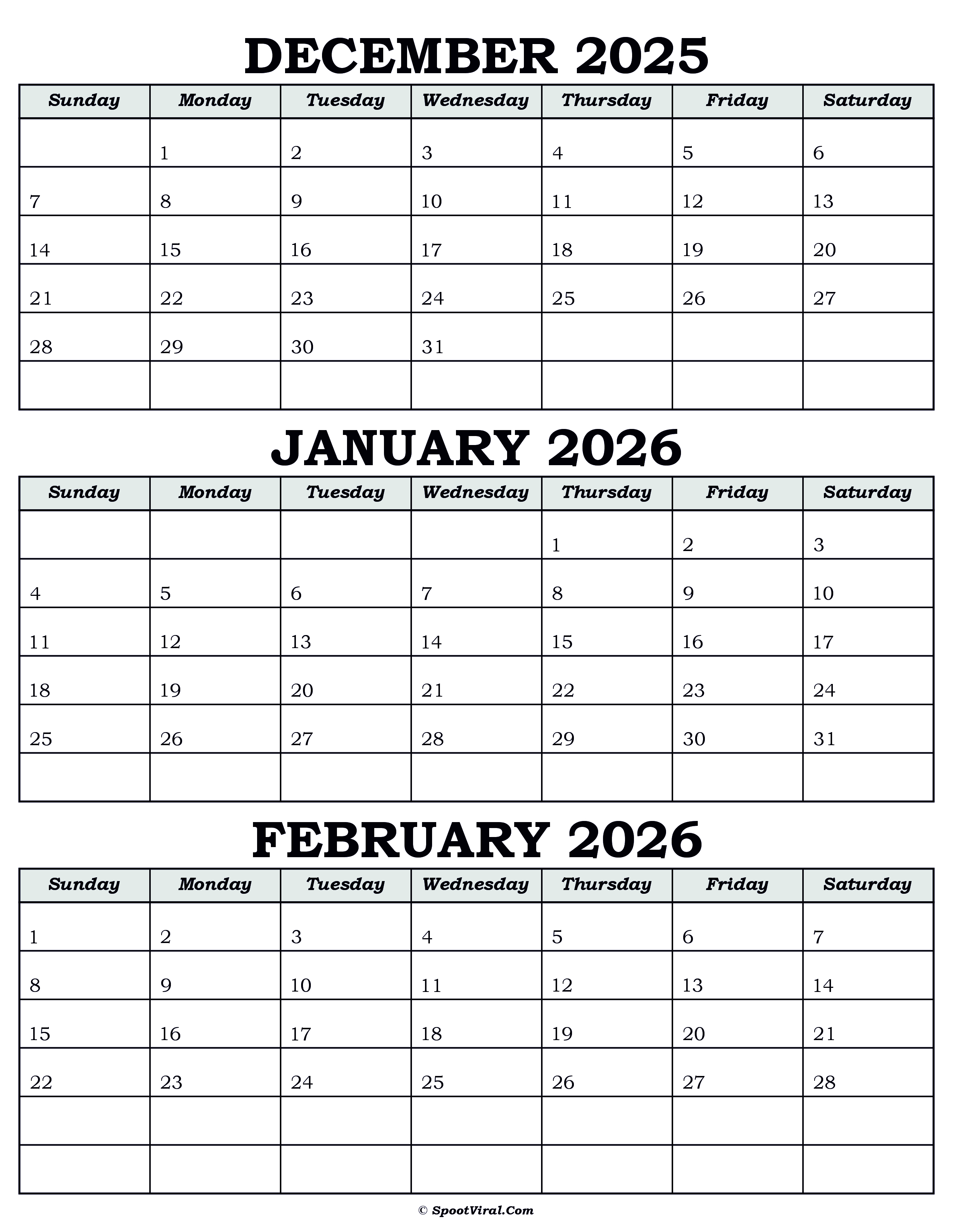 Calendar December 2025 January February 2026