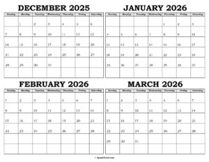 Calendar December 2025 to March 2026