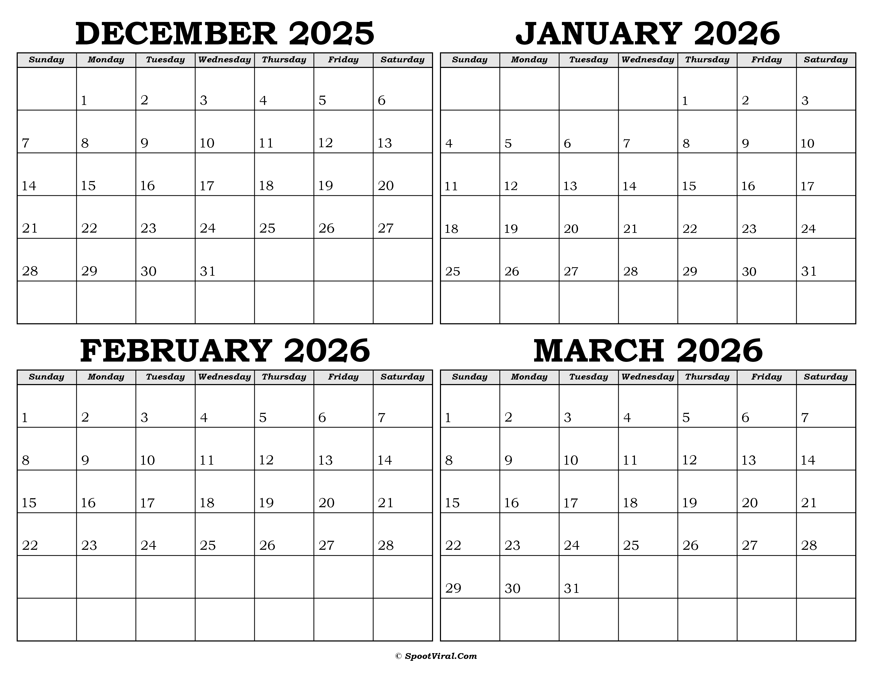 Calendar December 2025 to March 2026