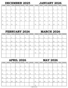 Calendar December 2025 to May 2026