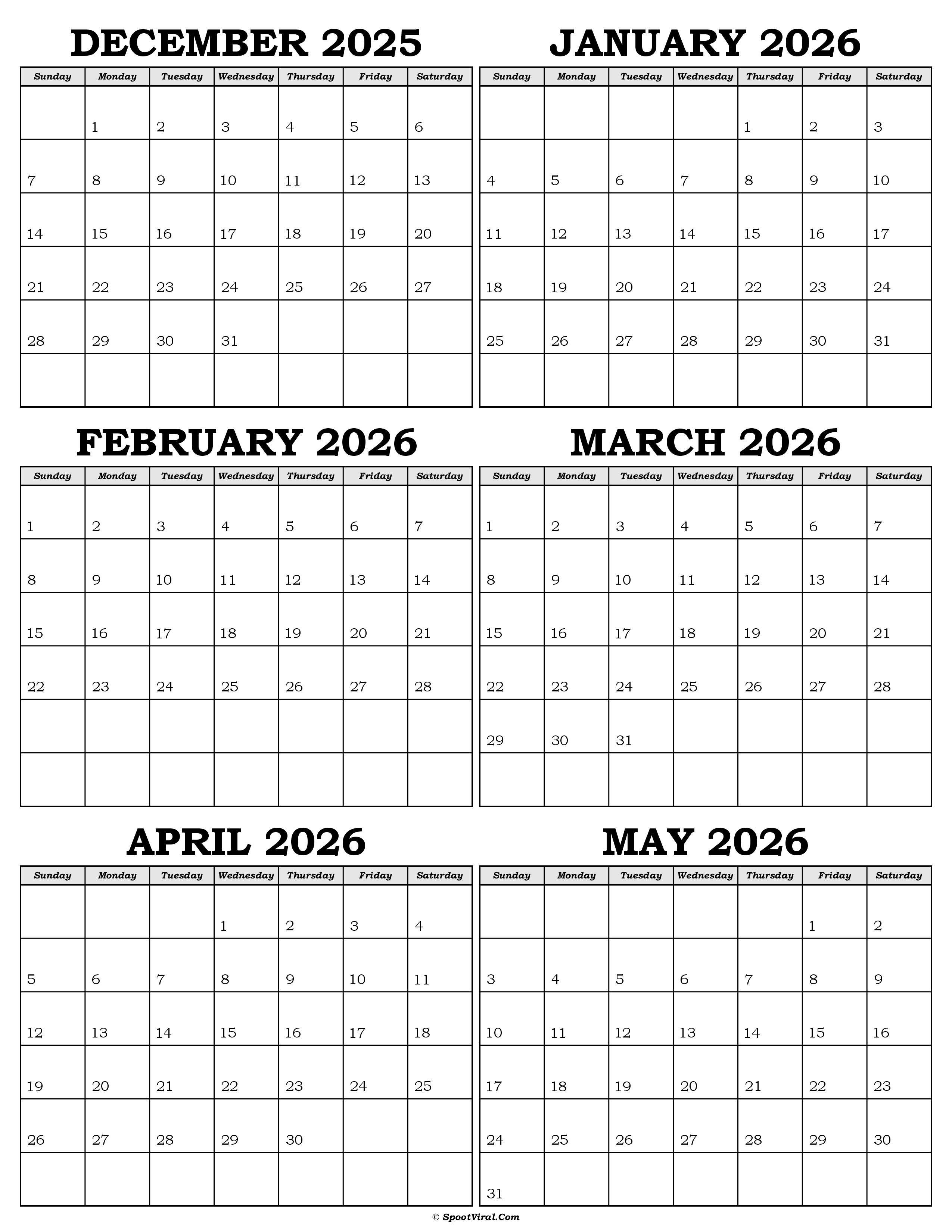 Calendar December 2025 to May 2026