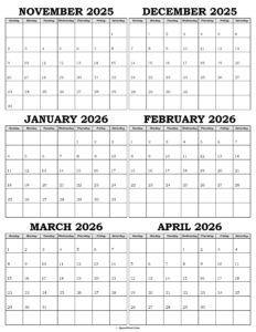 Calendar November 2025 to April 2026