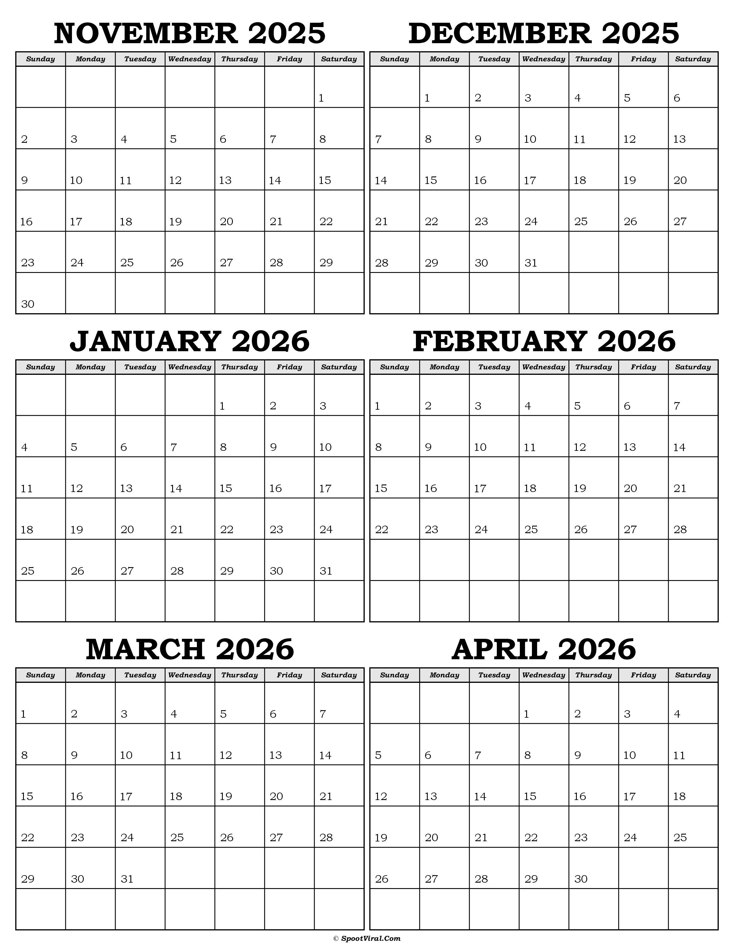 Calendar November 2025 to April 2026