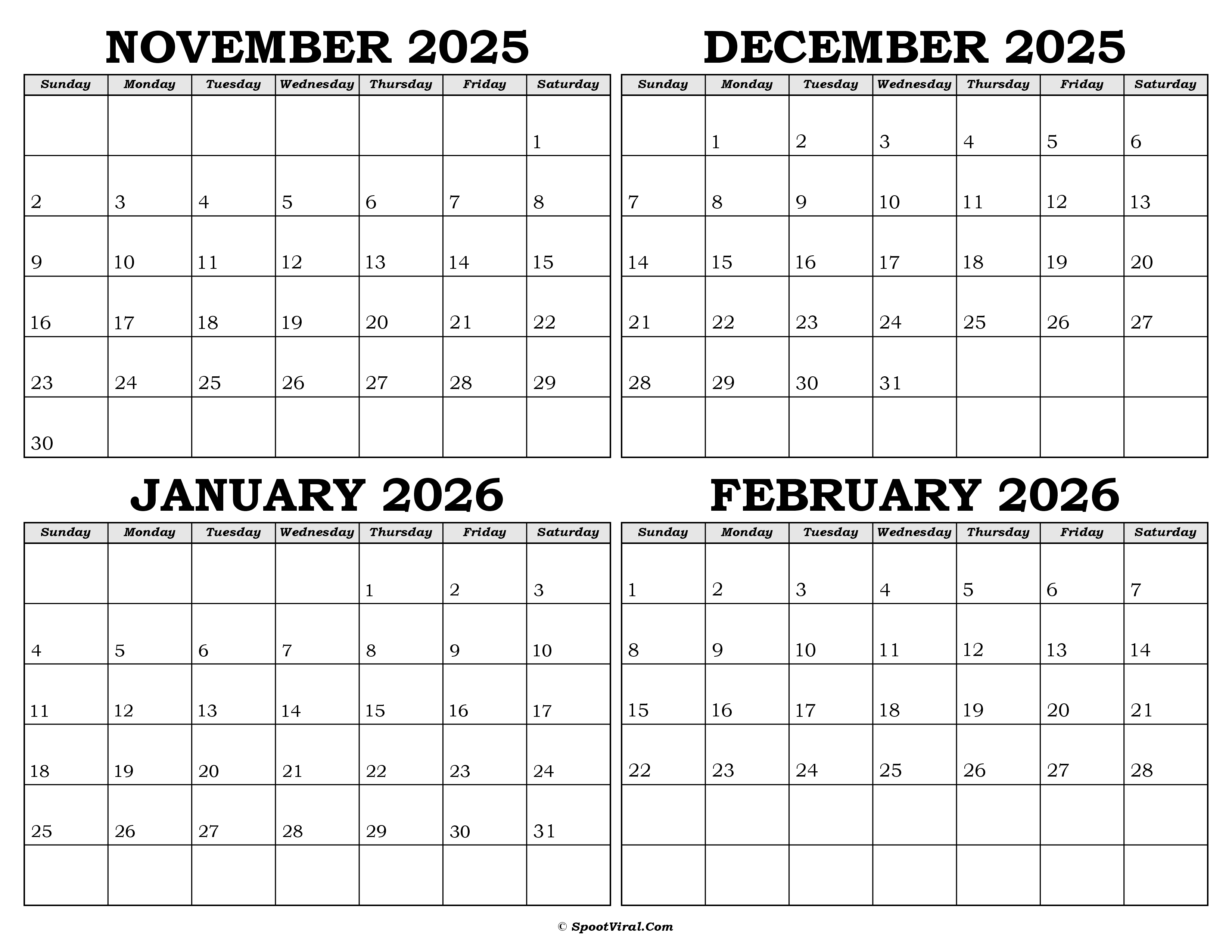 Calendar November 2025 to February 2026