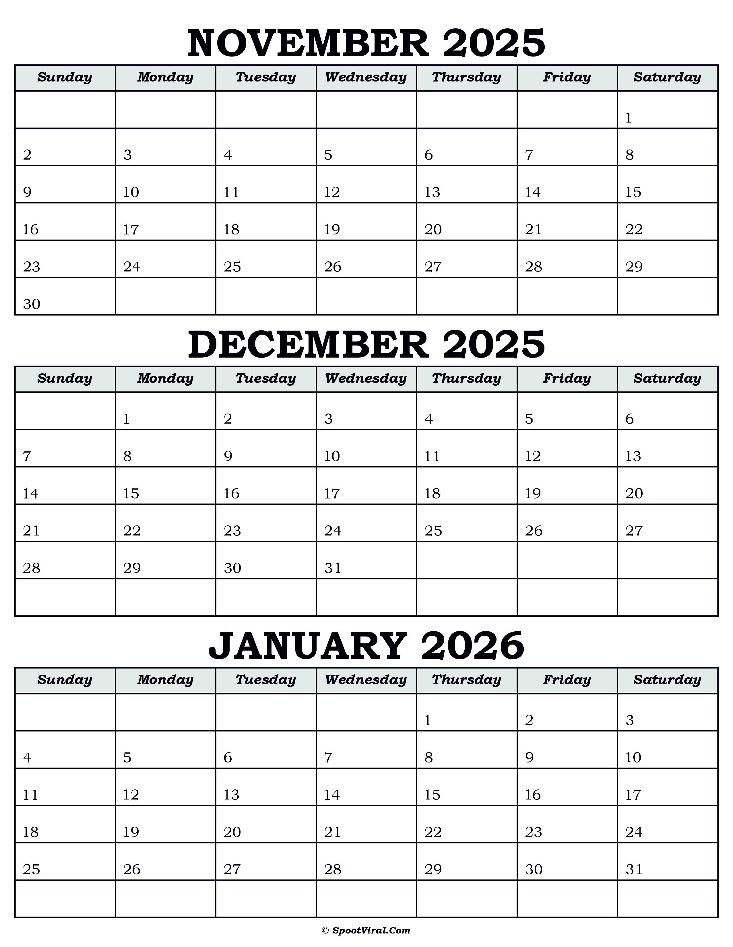 Calendar November December 2025 January 2026