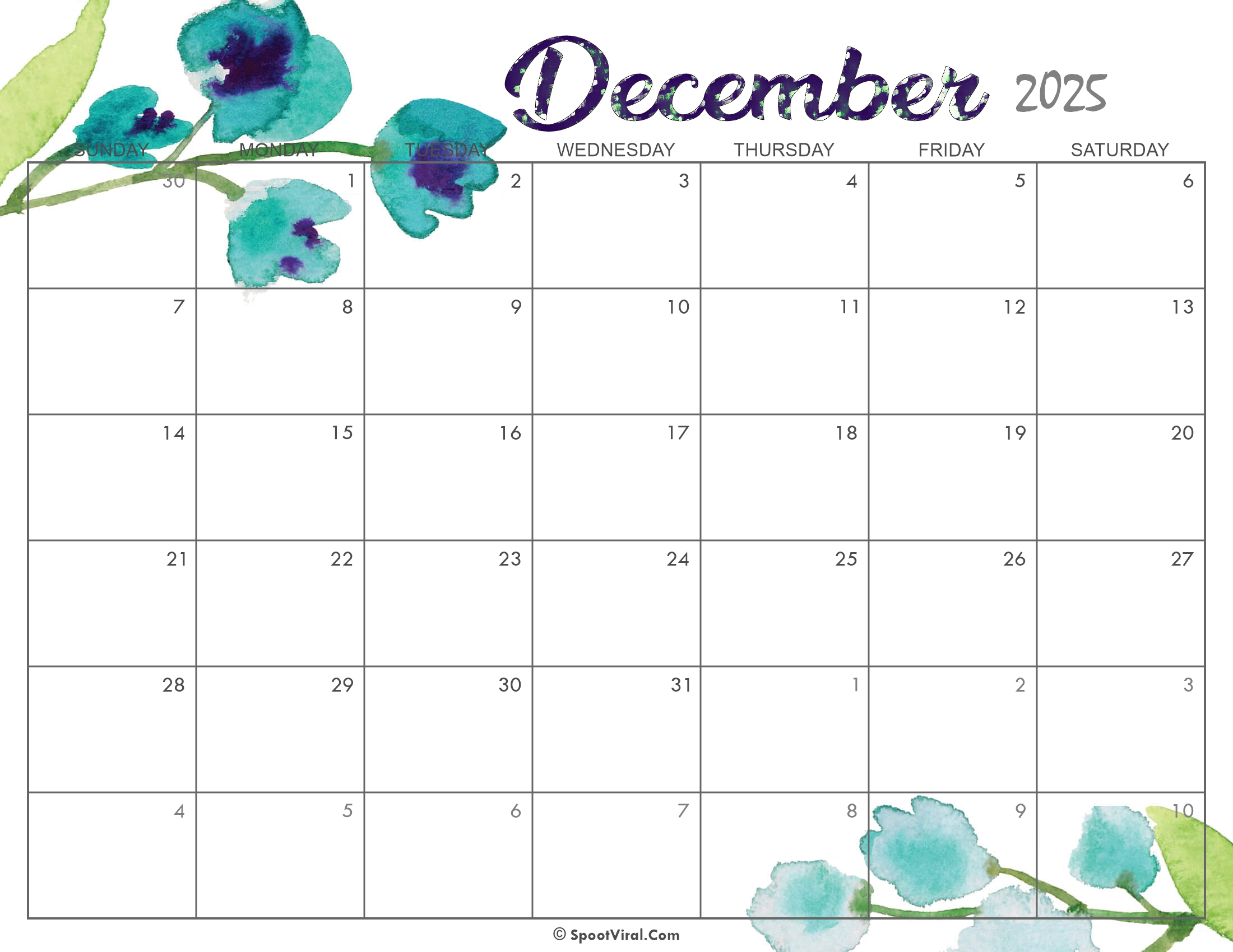 Cute December Calendar 2025 Printable