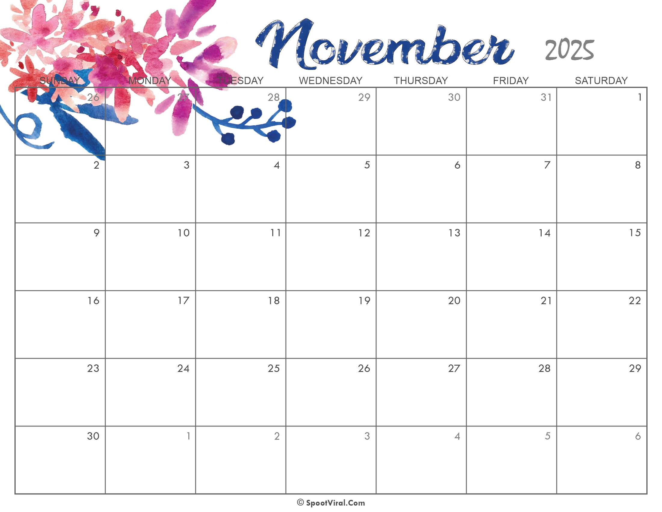 Cute November Calendar 2025 Printable