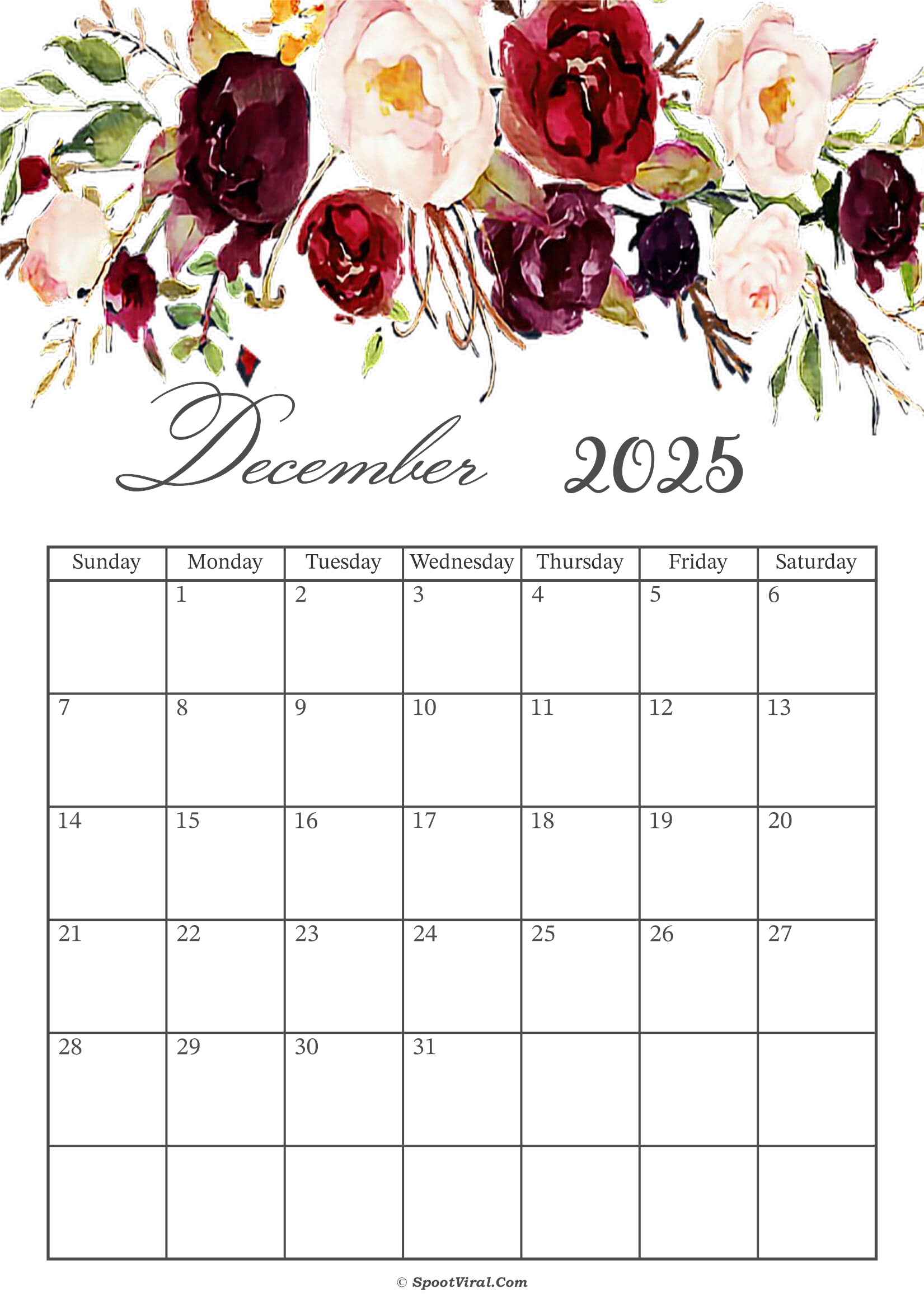 December 2025 Calendar Floral