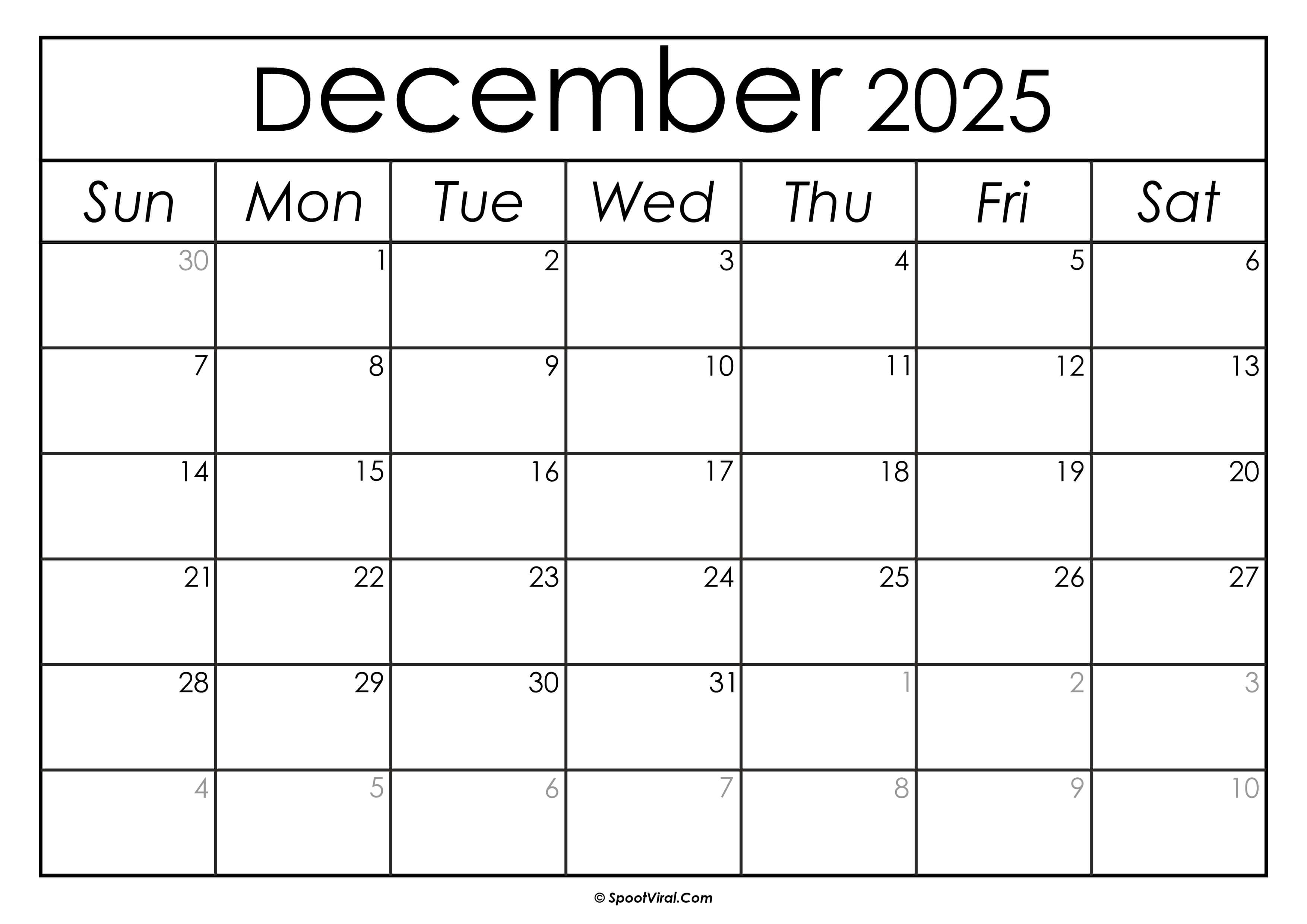 December 2025 Calendar Printable