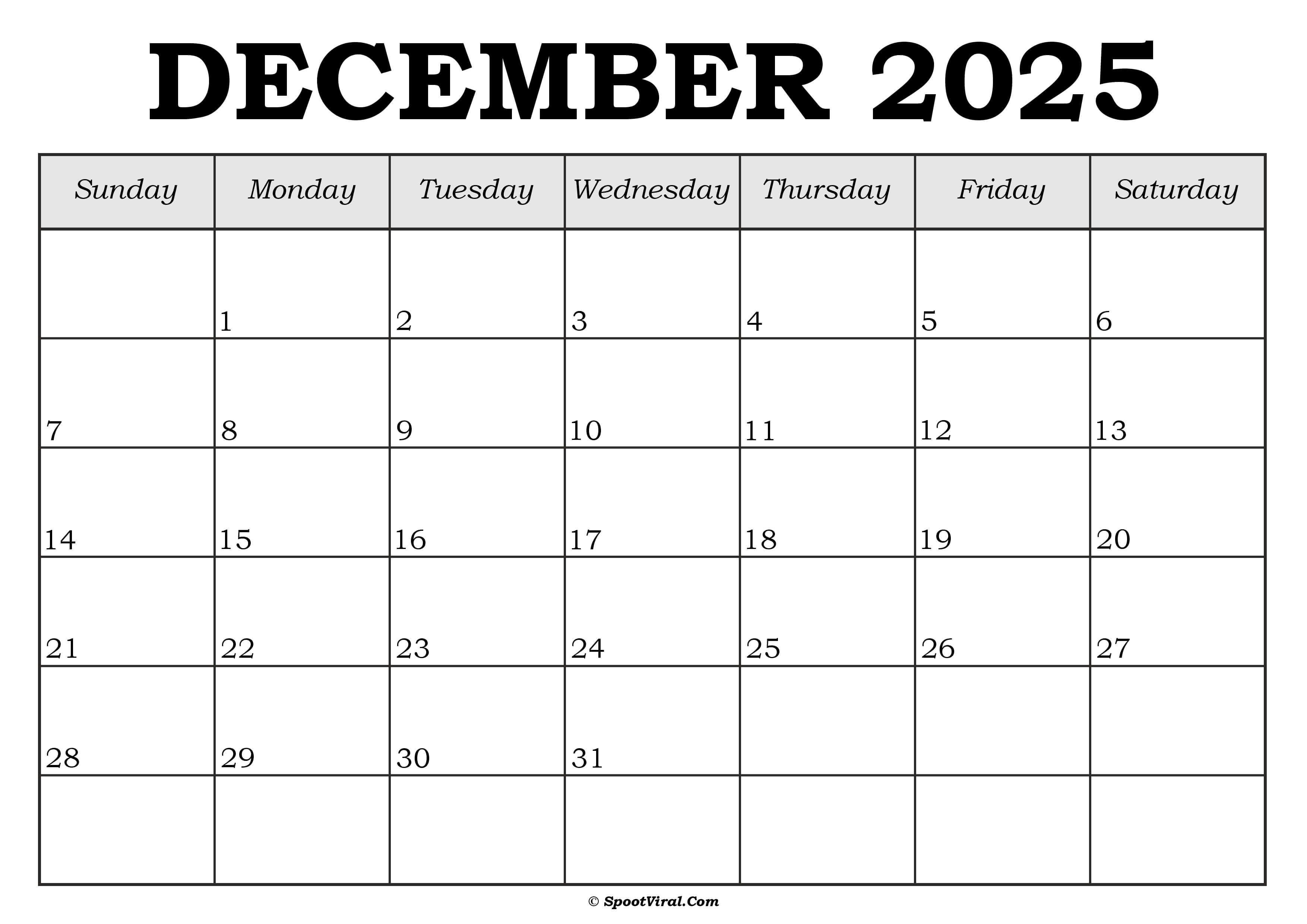 December 2025 Calendar Template