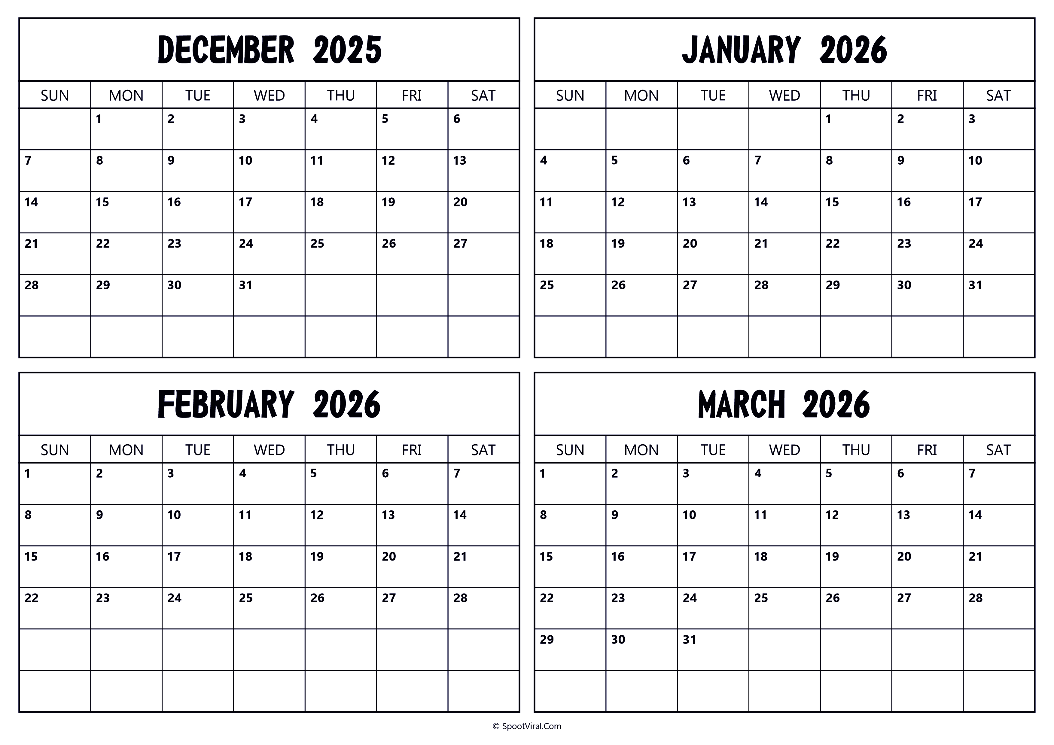 December 2025 January February March 2026 Calendar