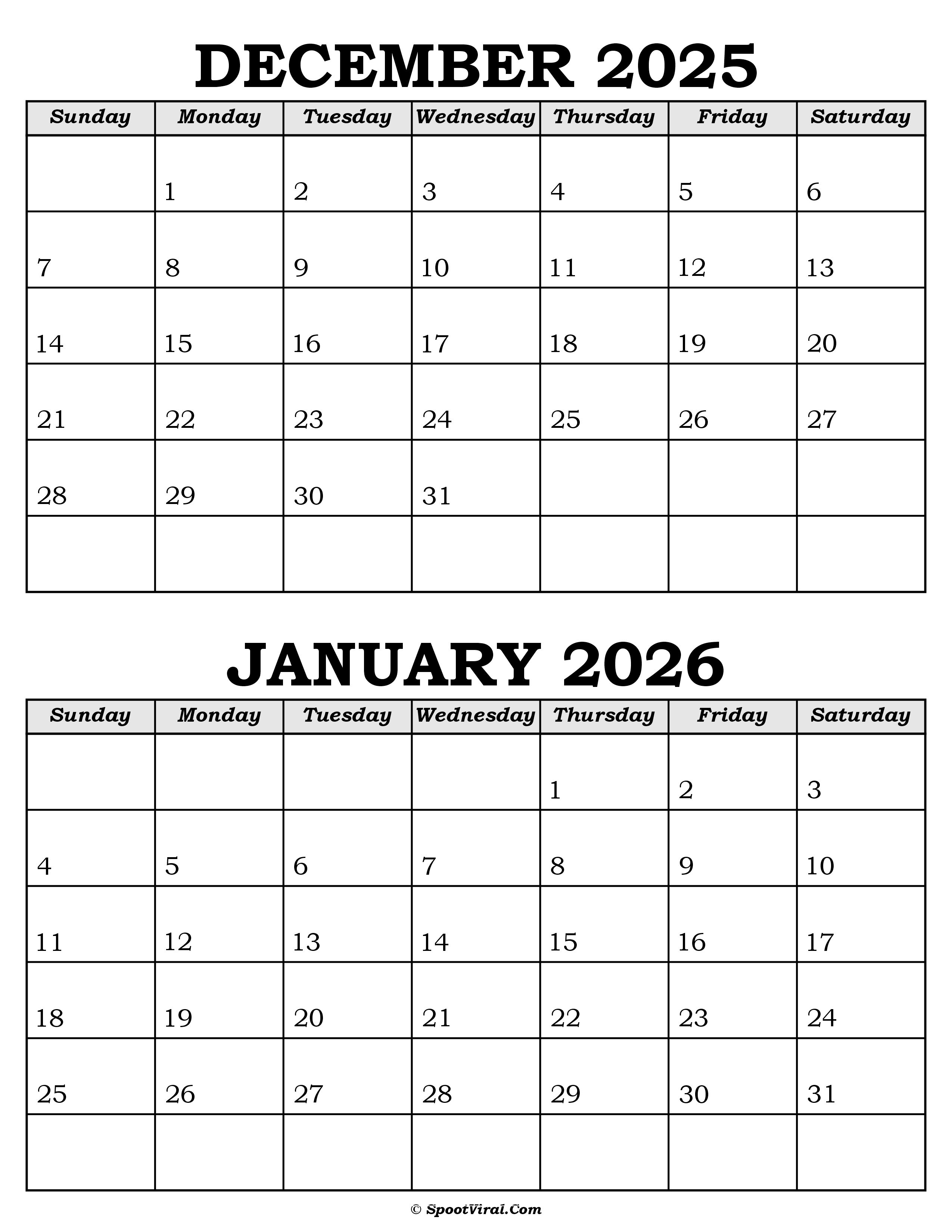 December 2025 and January 2026 Calendar