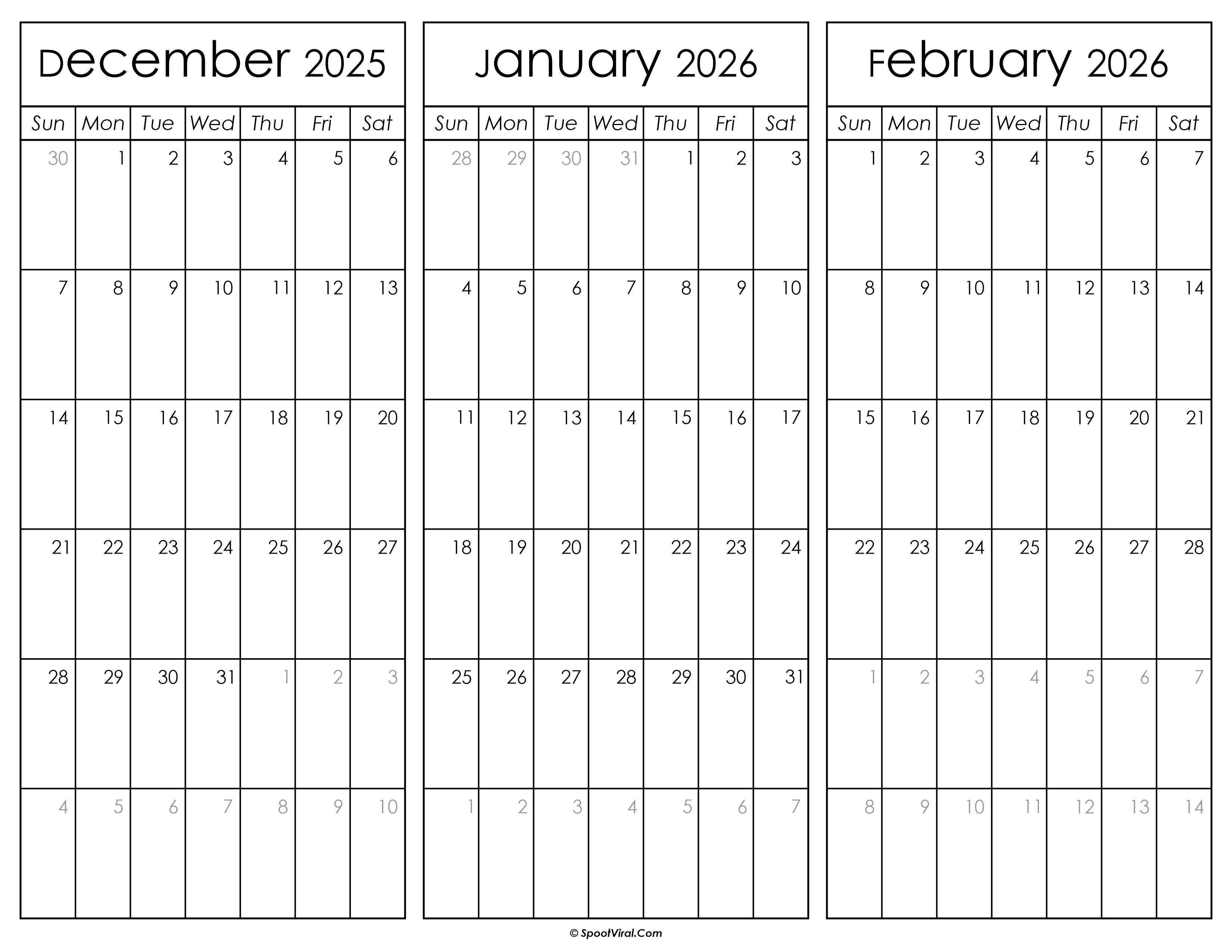 December 2025 and January February 2026 Calendar