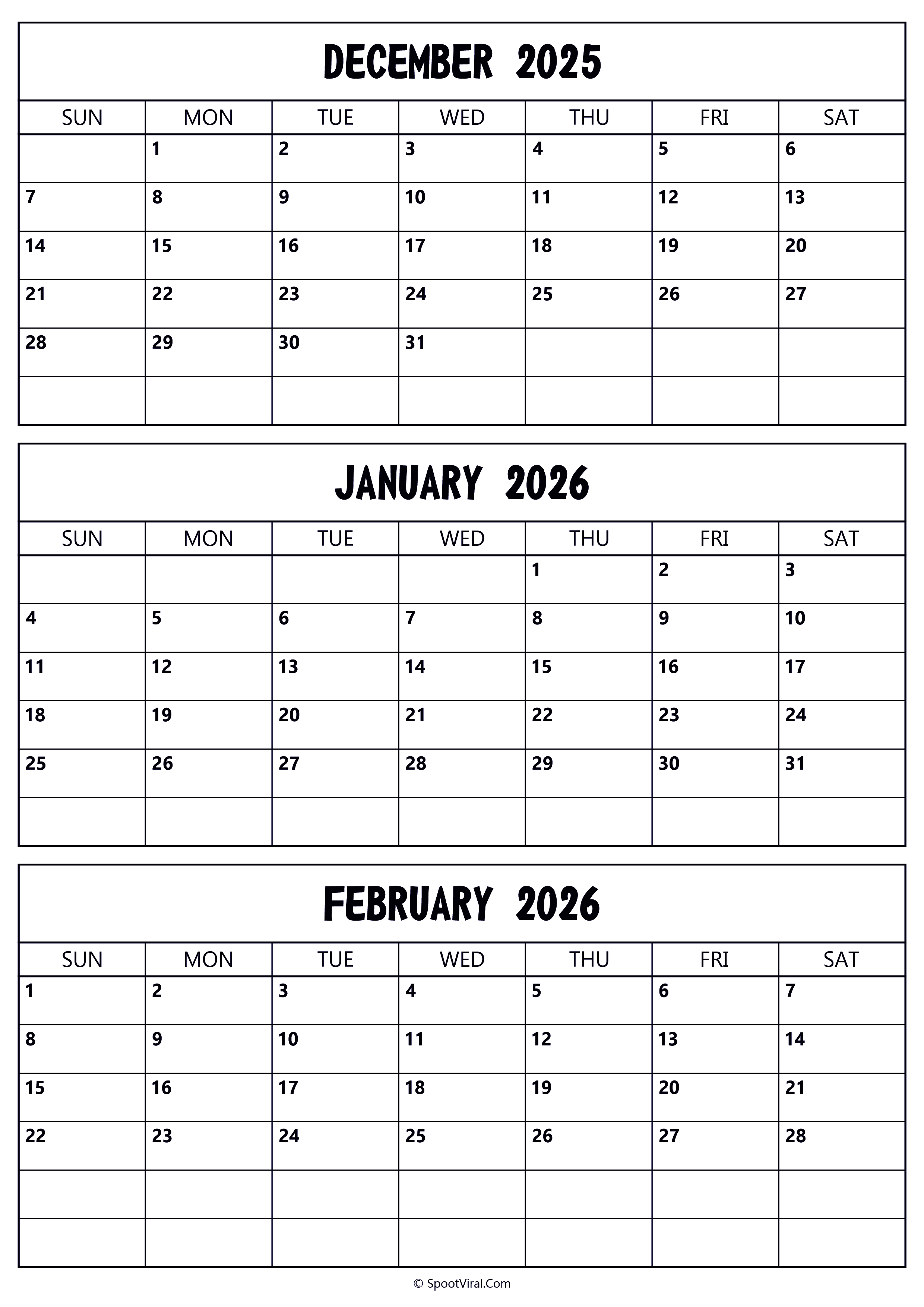 December 2025 to February 2026 Calendar