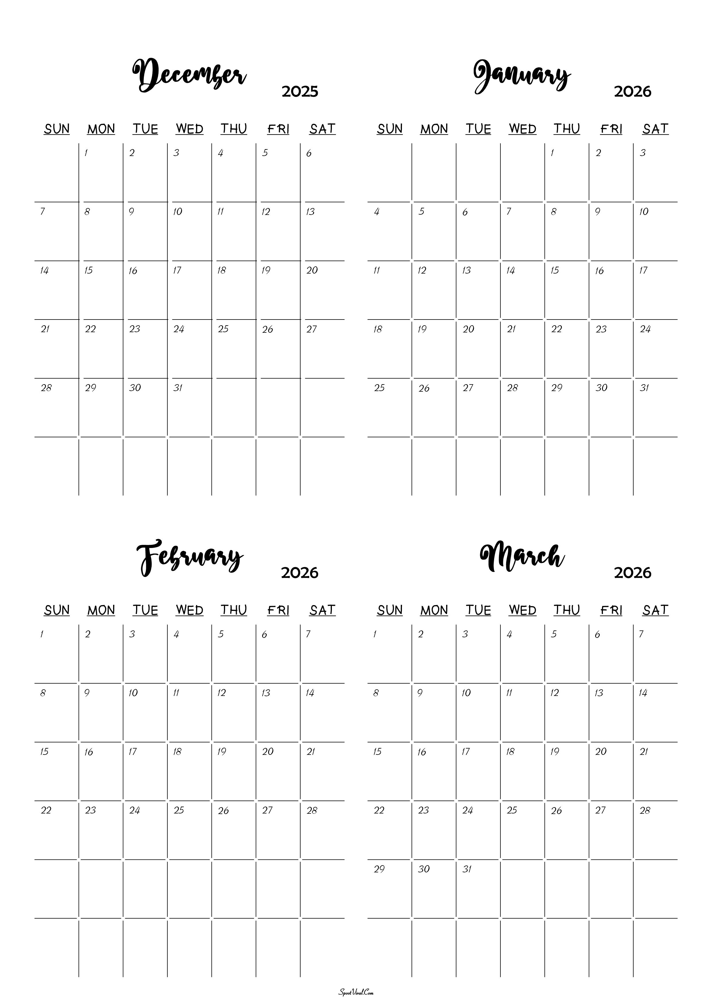 December 2025 to March 2026 Calendar