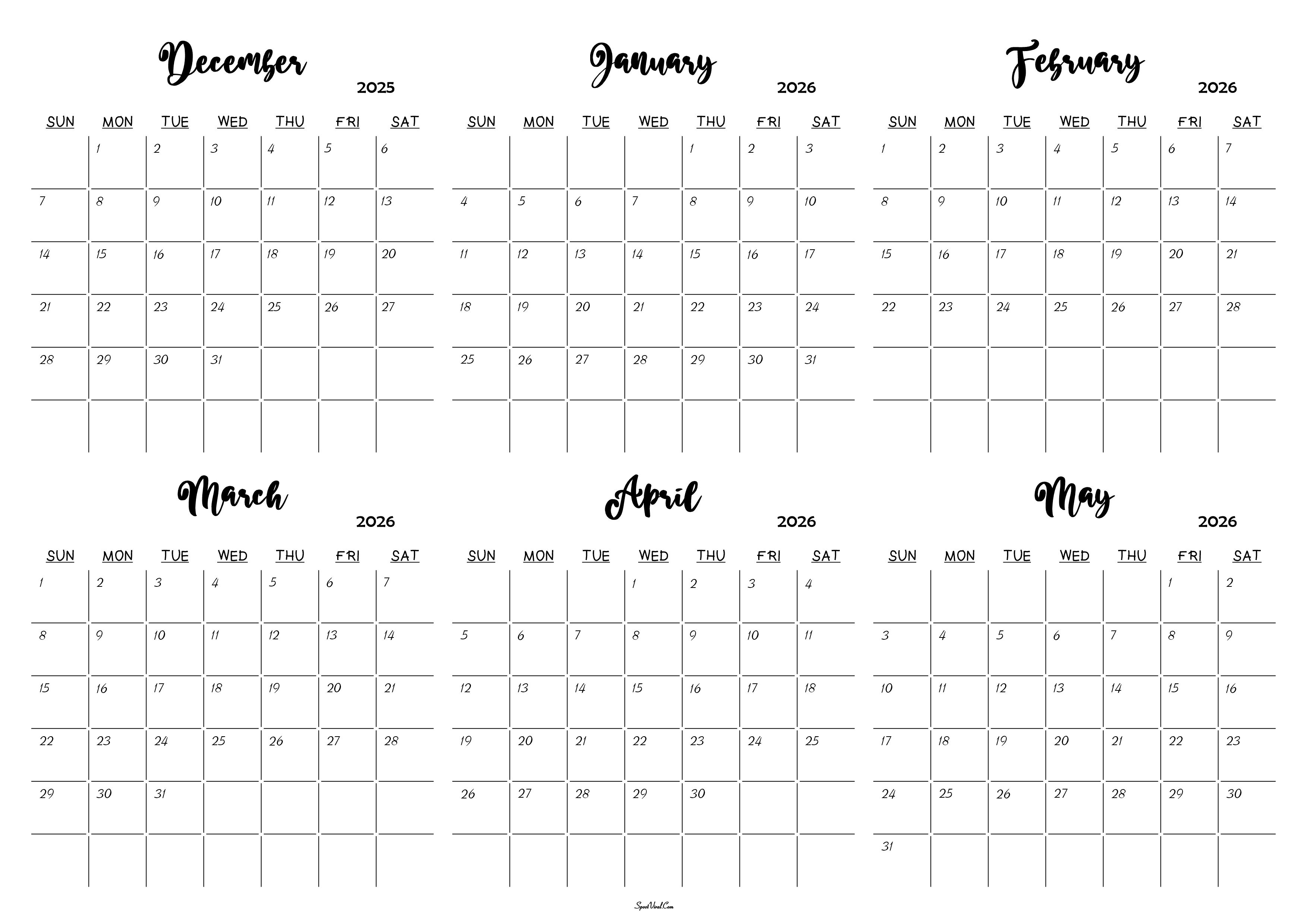 December 2025 to May 2026 Calendar