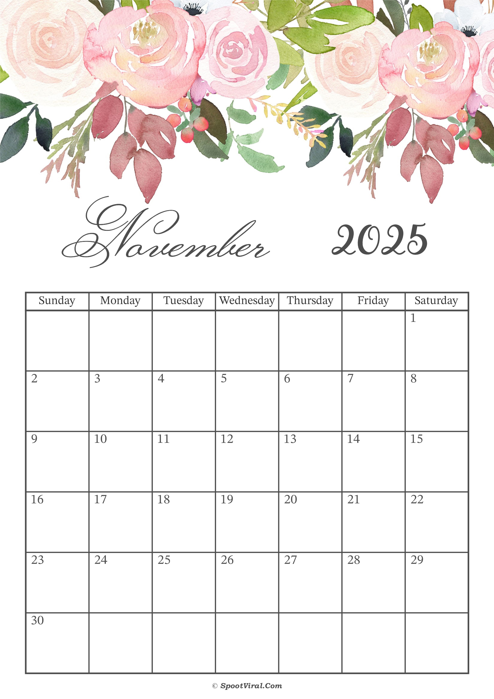 November 2025 Calendar Floral