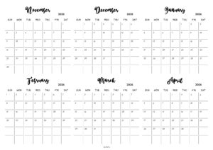 November 2025 to April 2026 Calendar