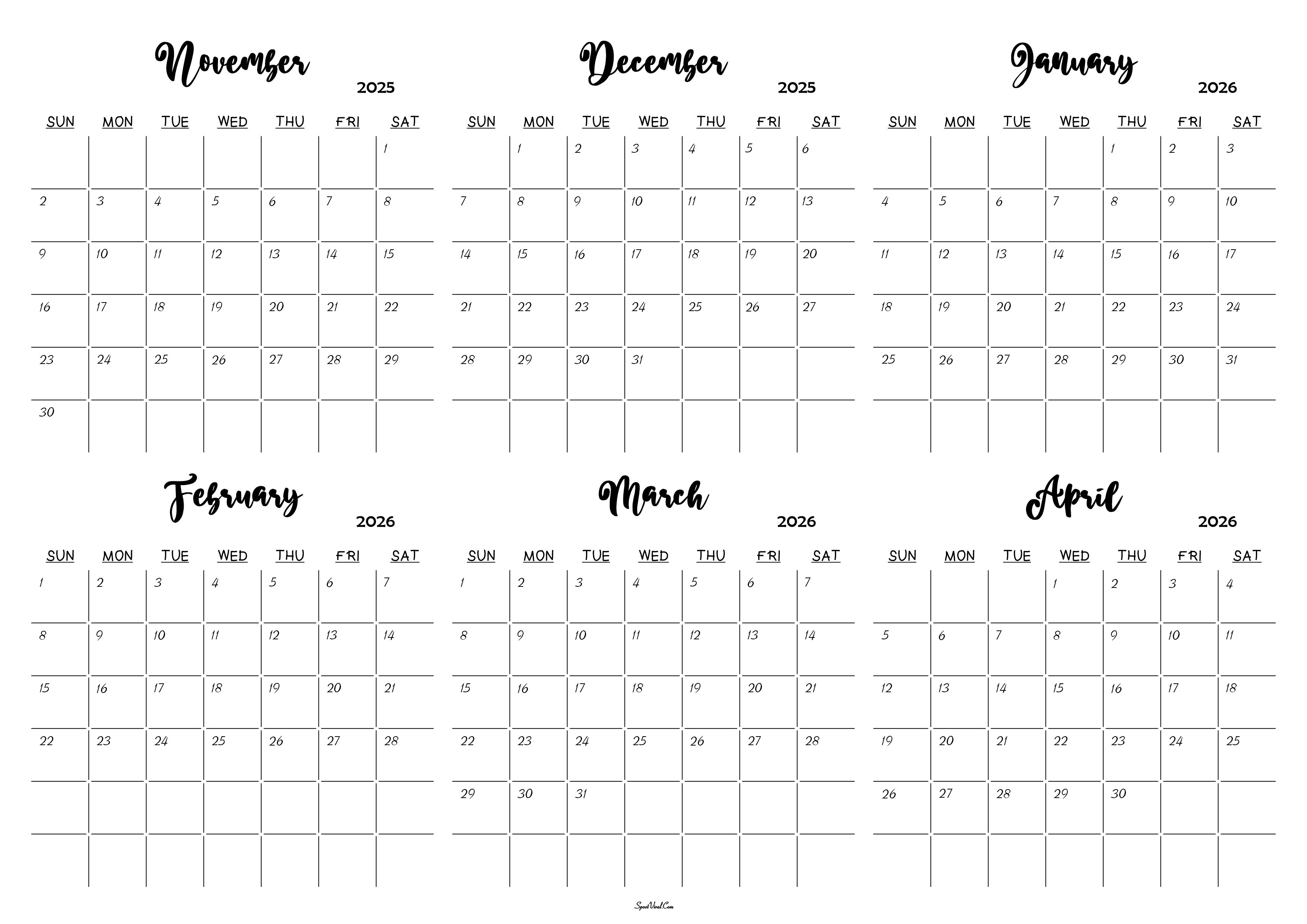 November 2025 to April 2026 Calendar
