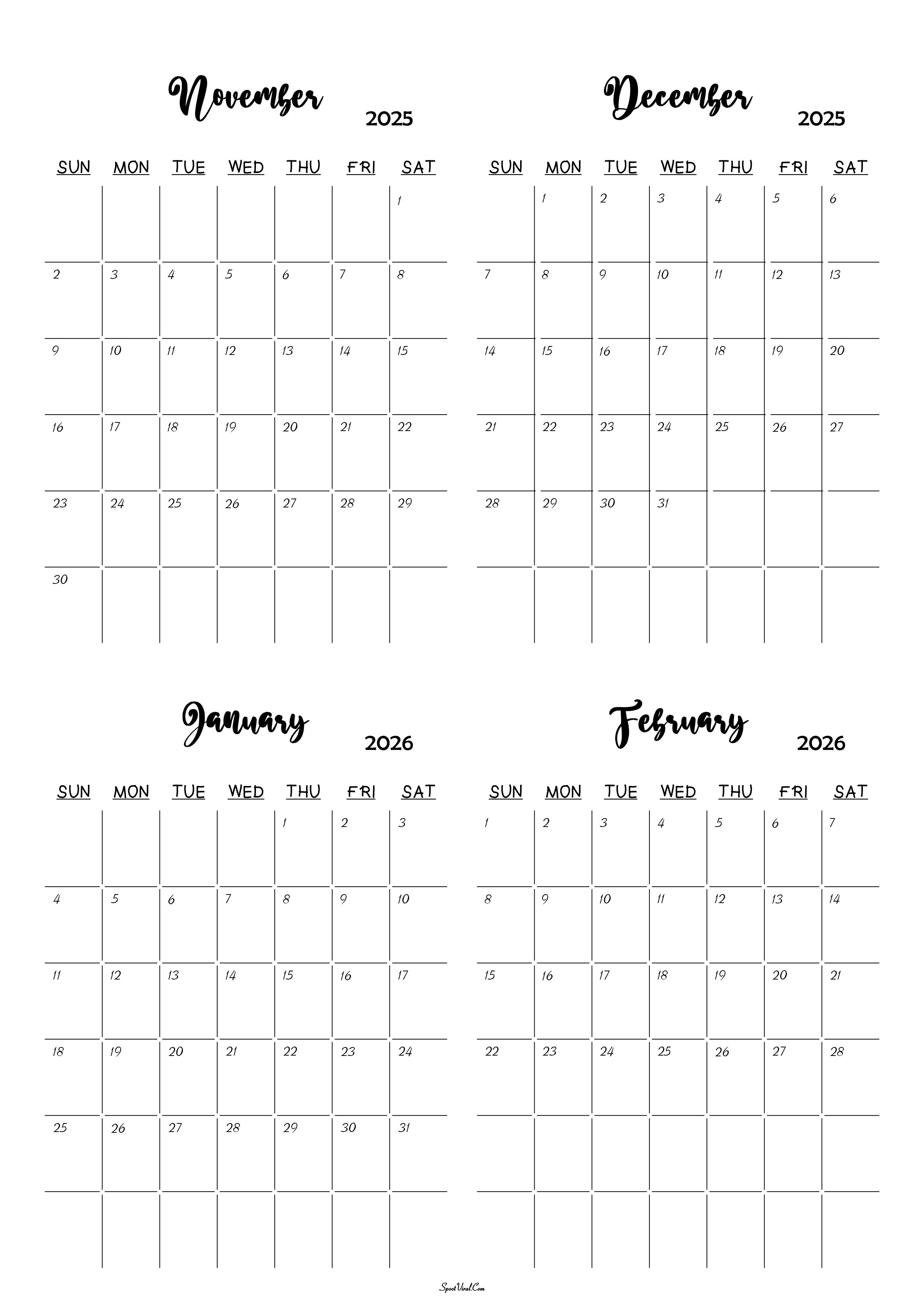 November 2025 to February 2026 Calendar