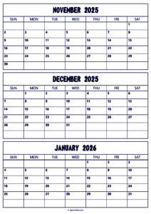 November 2025 to January 2026 Calendar