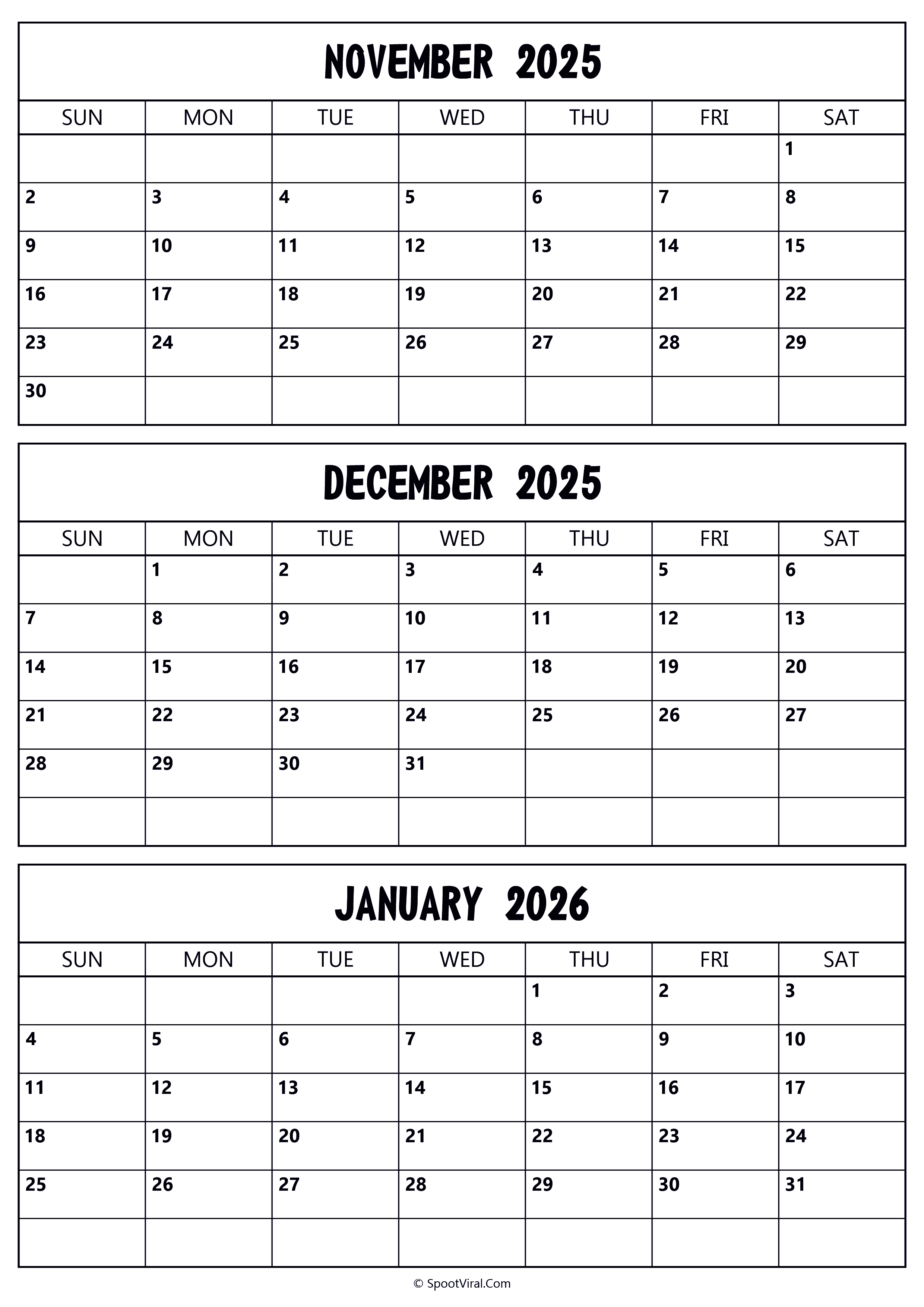 November 2025 to January 2026 Calendar