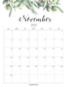 November Calendar 2025 Cute