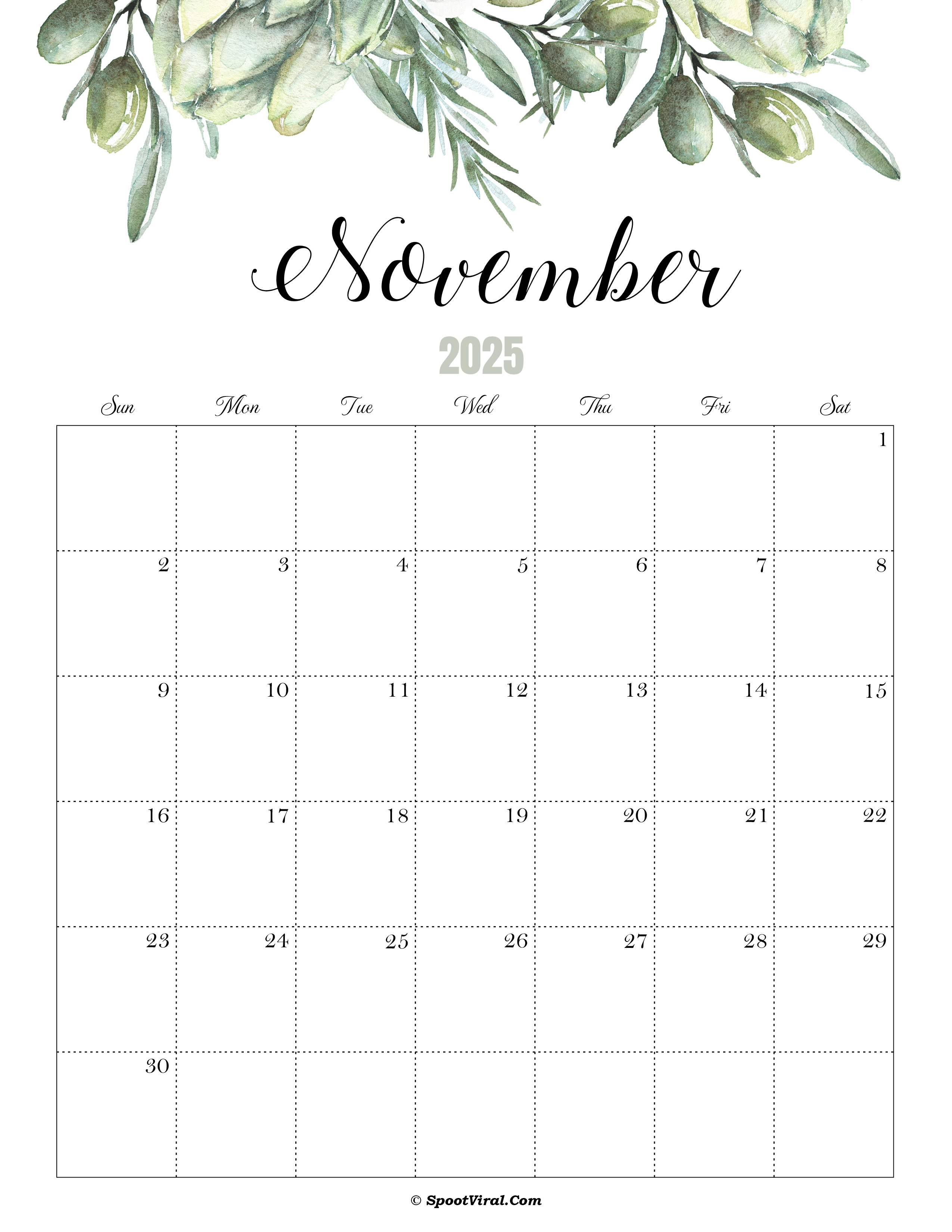 November Calendar 2025 Cute