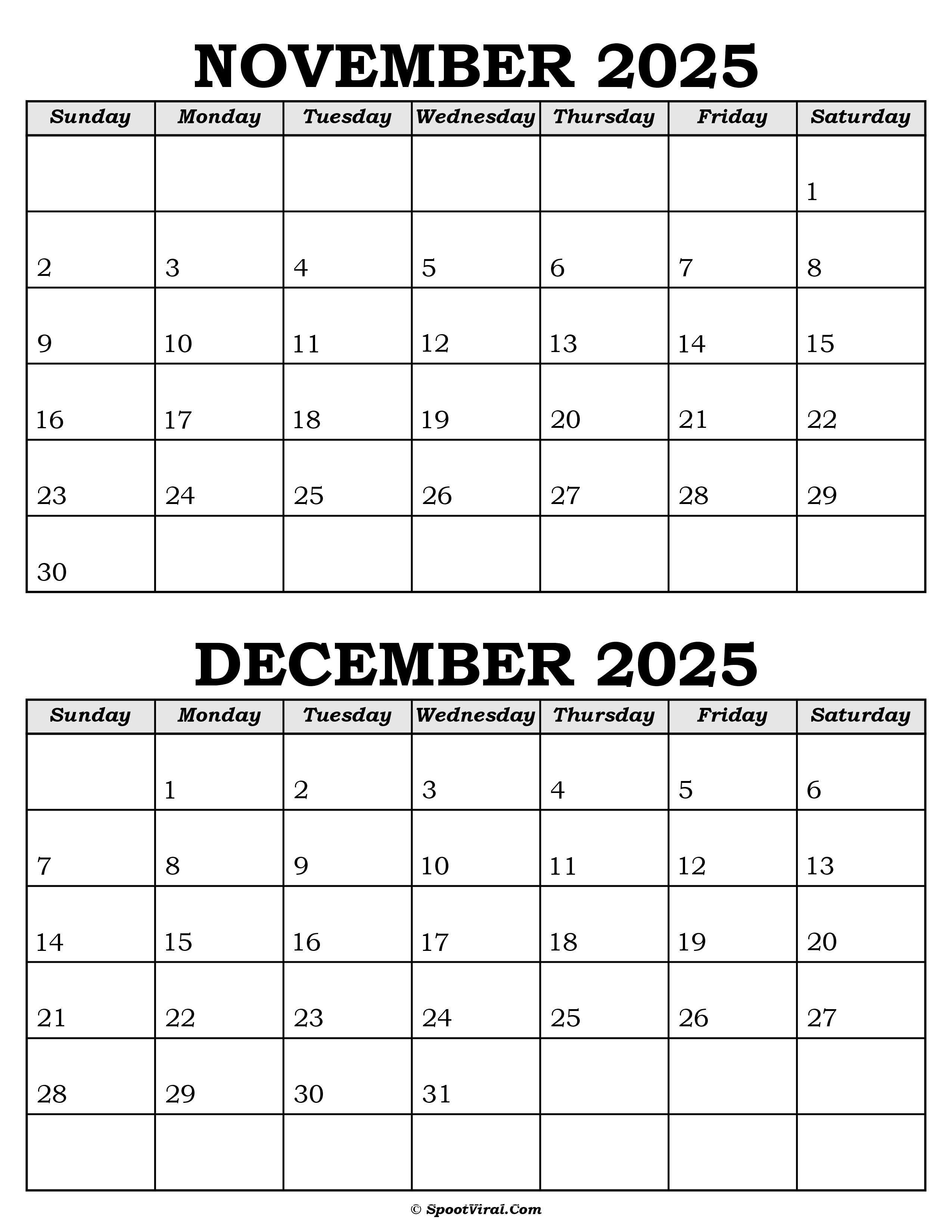 November and December Calendar 2025