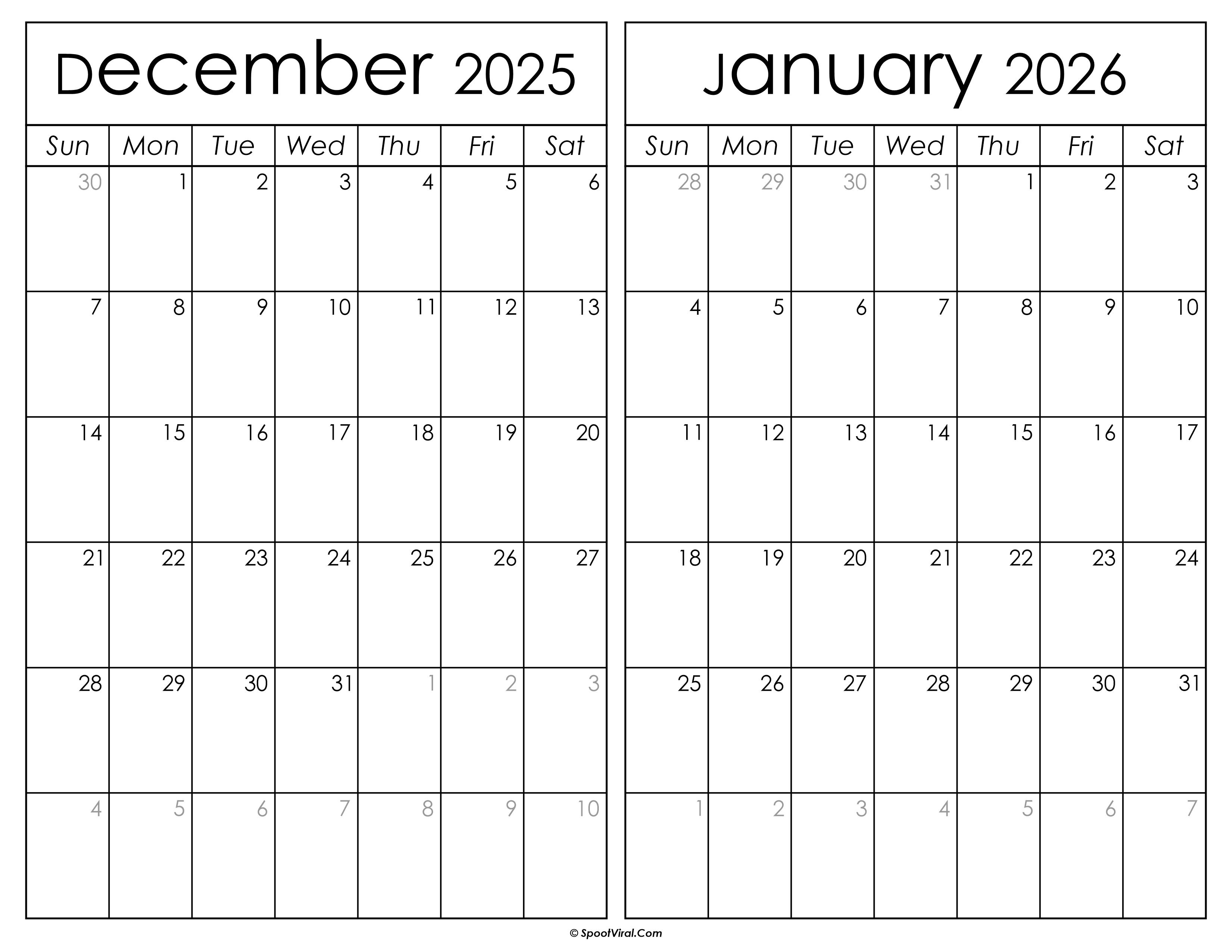 Printable December 2025 January 2026 Calendar