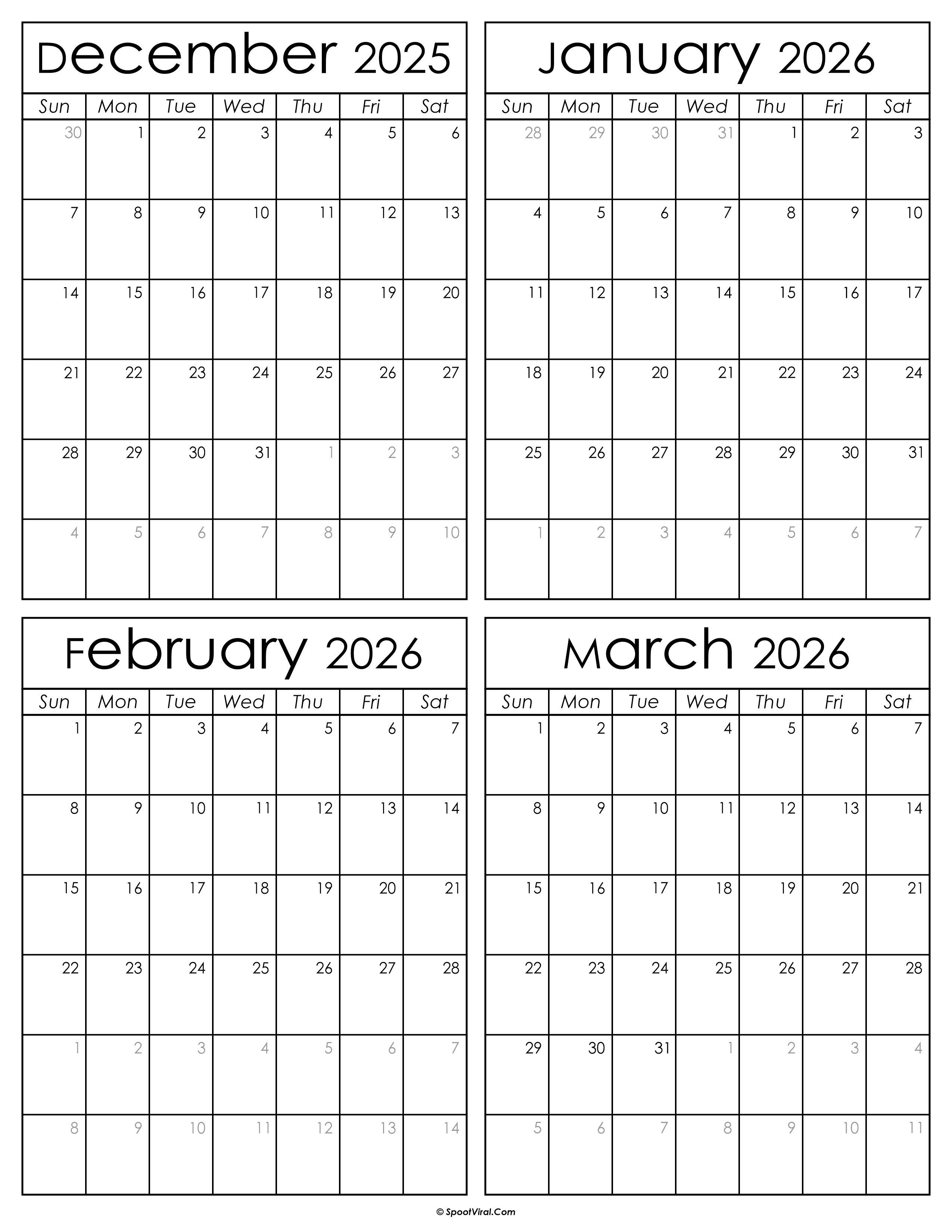 Printable December 2025 to March 2026 Calendars