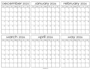 Printable December 2025 to May 2026 Calendar