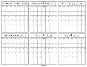 Printable November 2025 to April 2026 Calendar