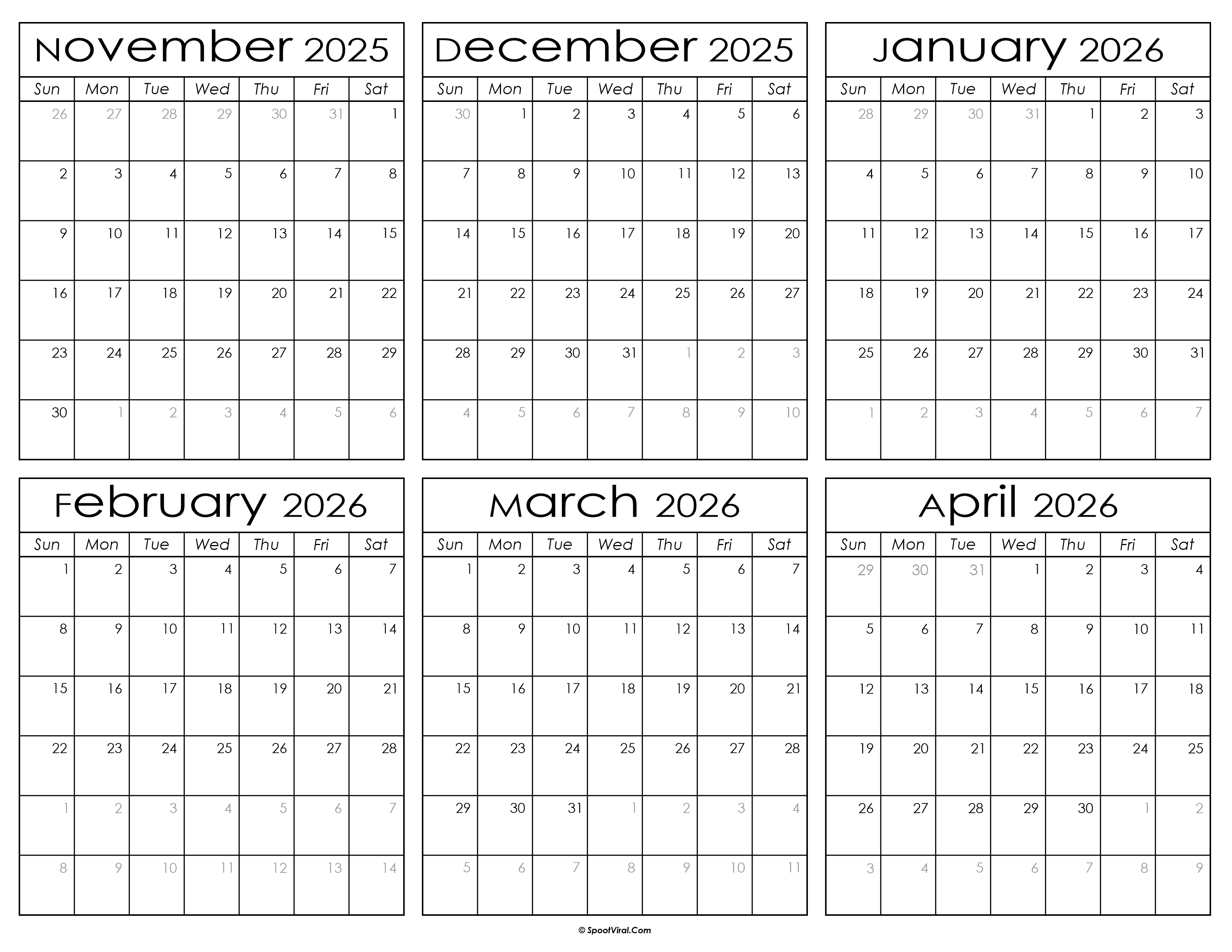Printable November 2025 to April 2026 Calendar