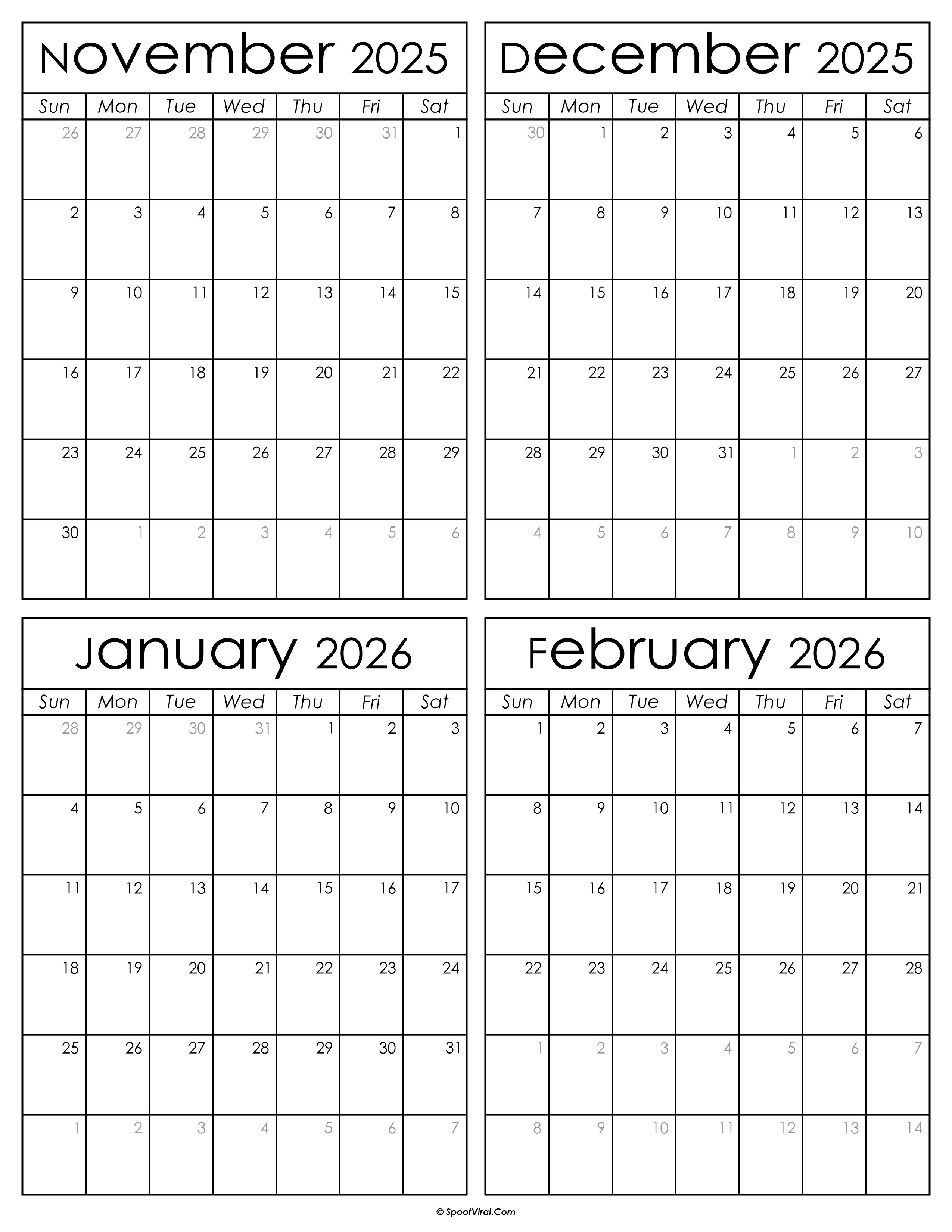 Printable November 2025 to February 2026 Calendars