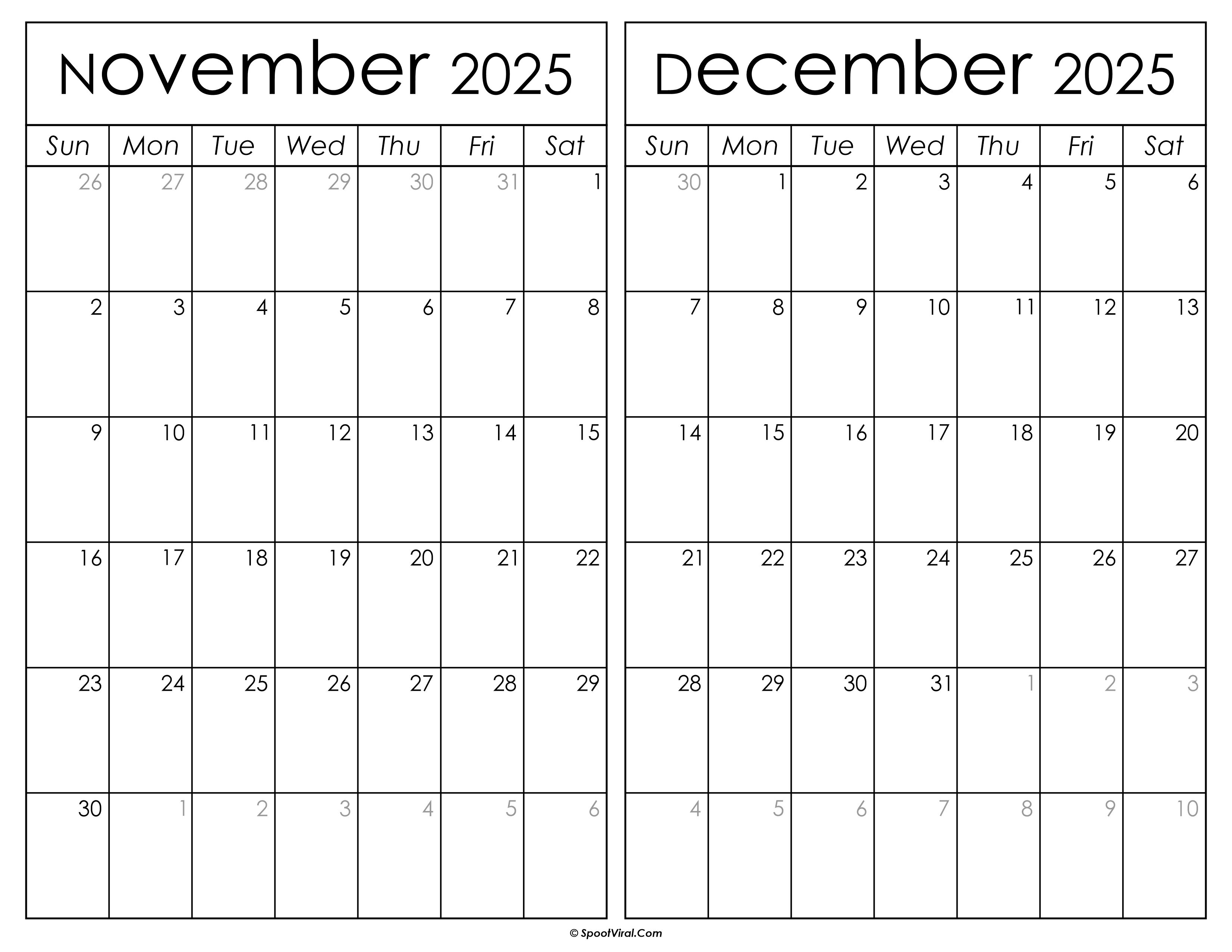 Printable November December 2025 Calendar