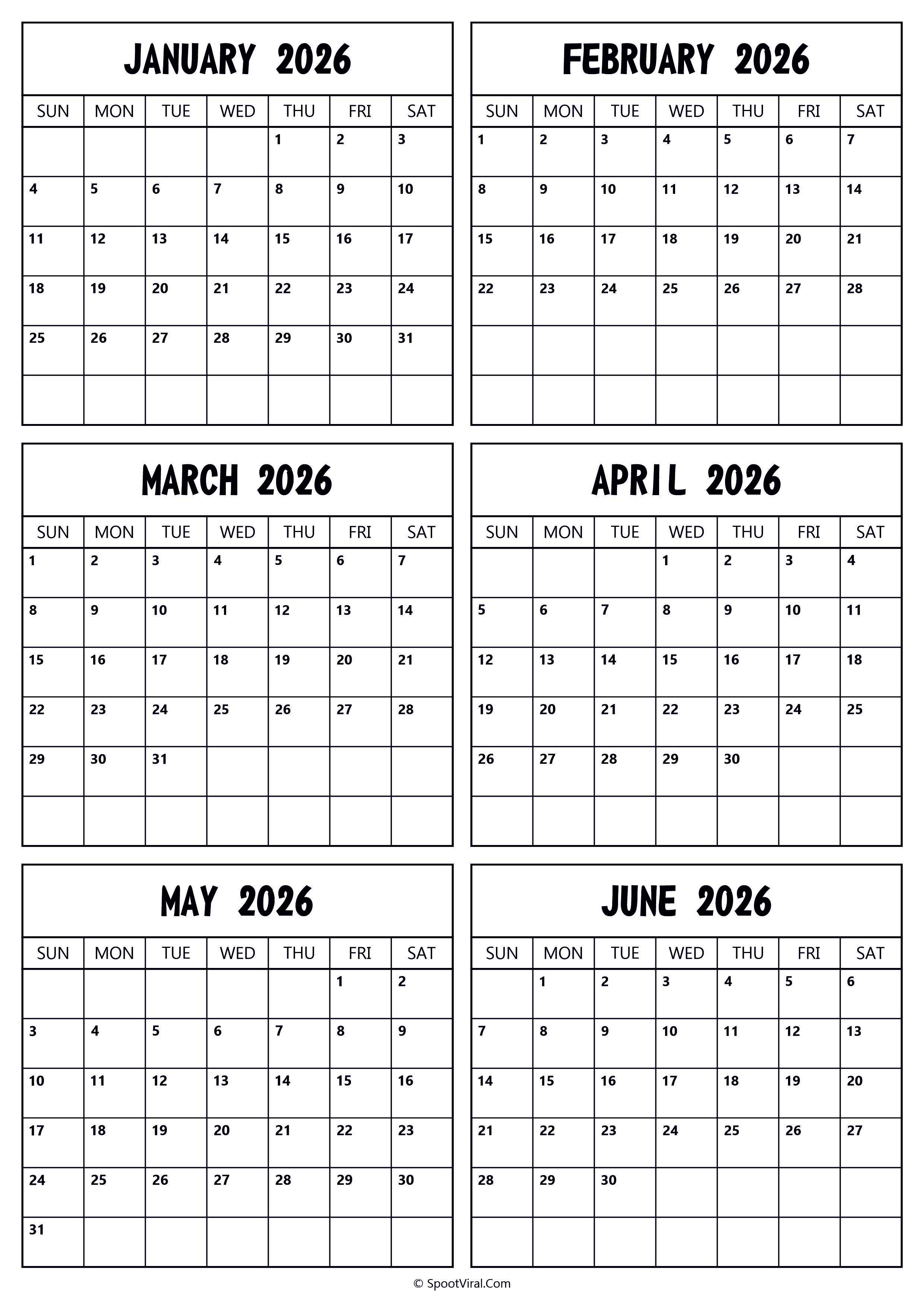 2026 January to June Calendar