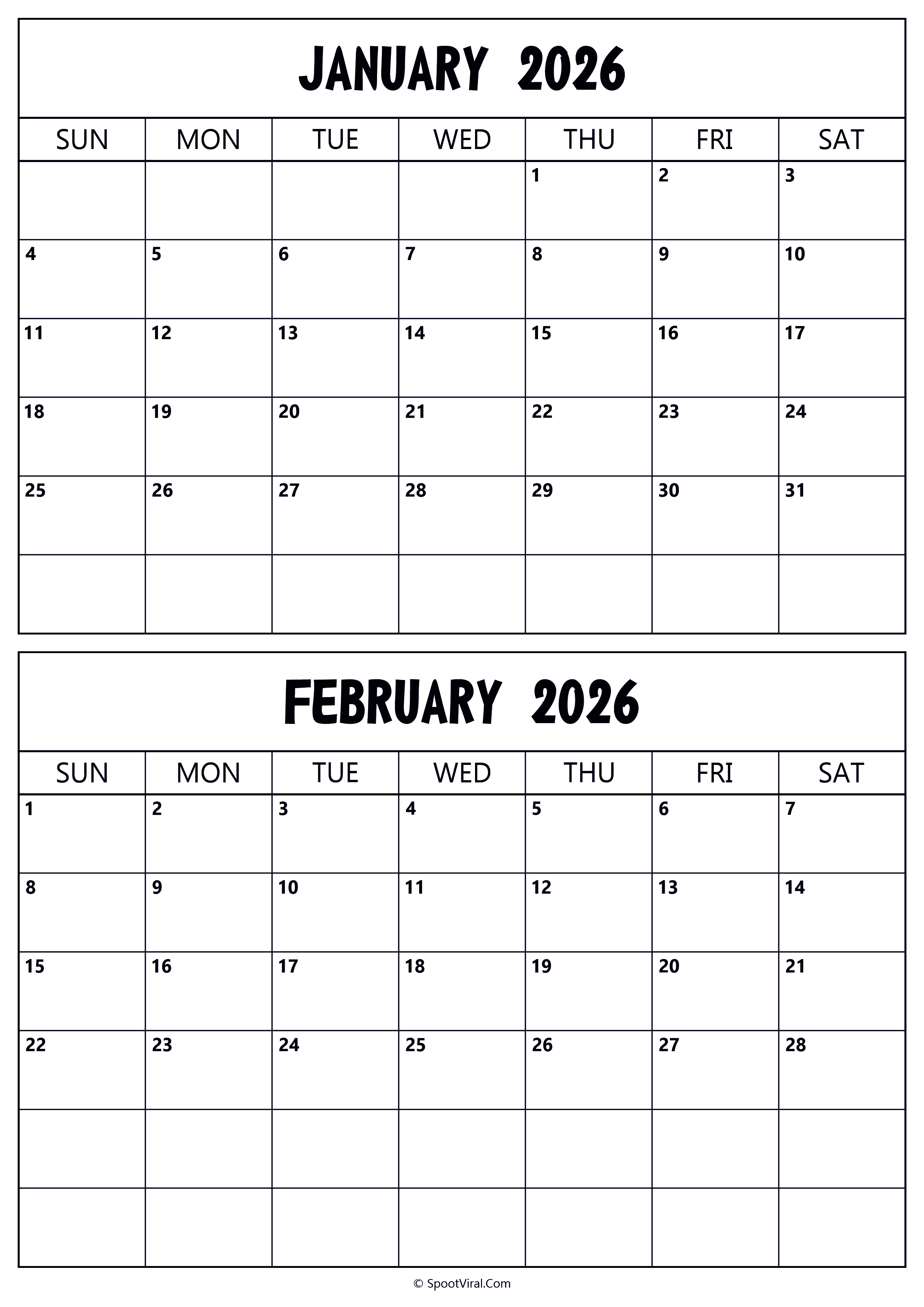 Calendar 2026 January February