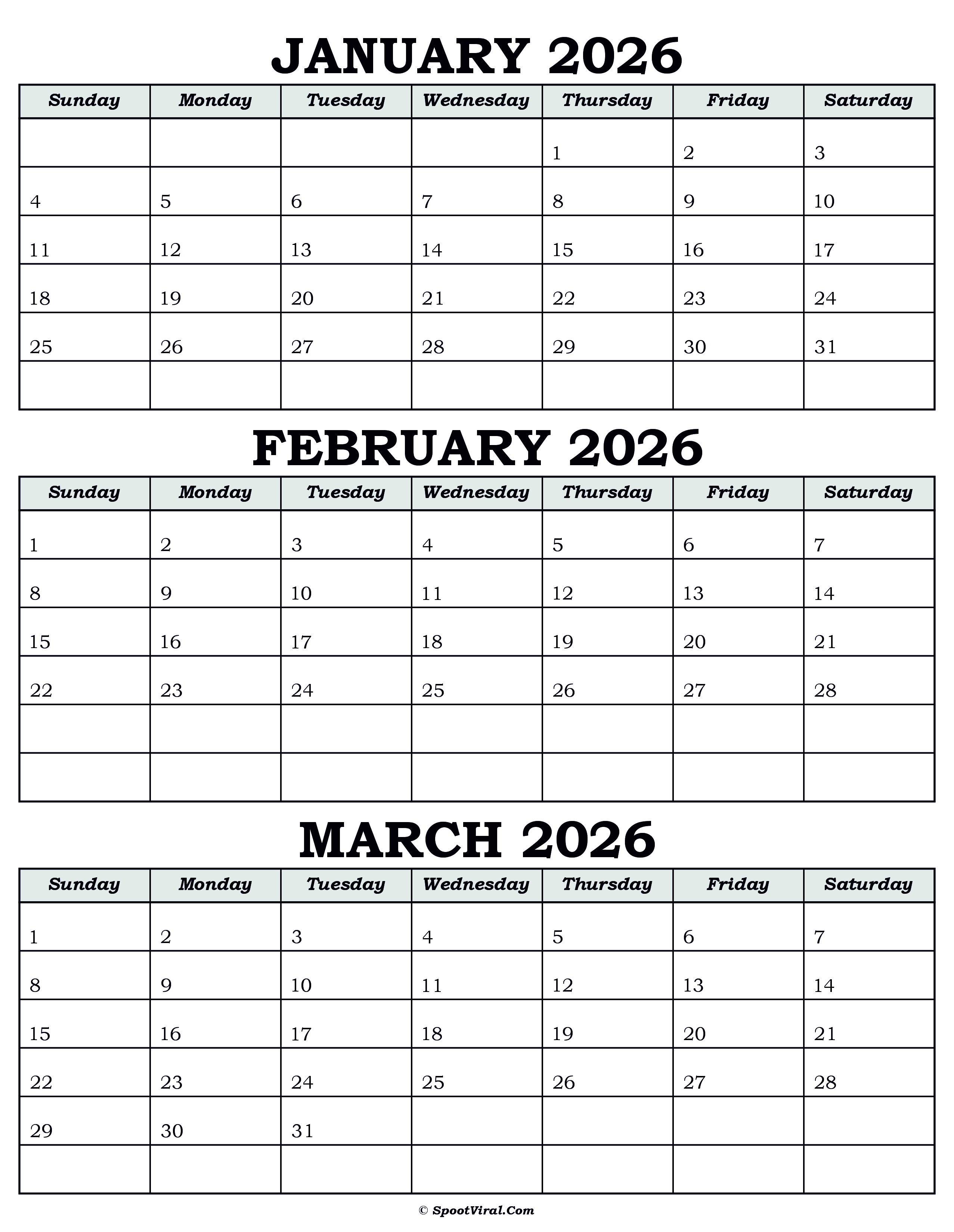 Calendar January February March 2026