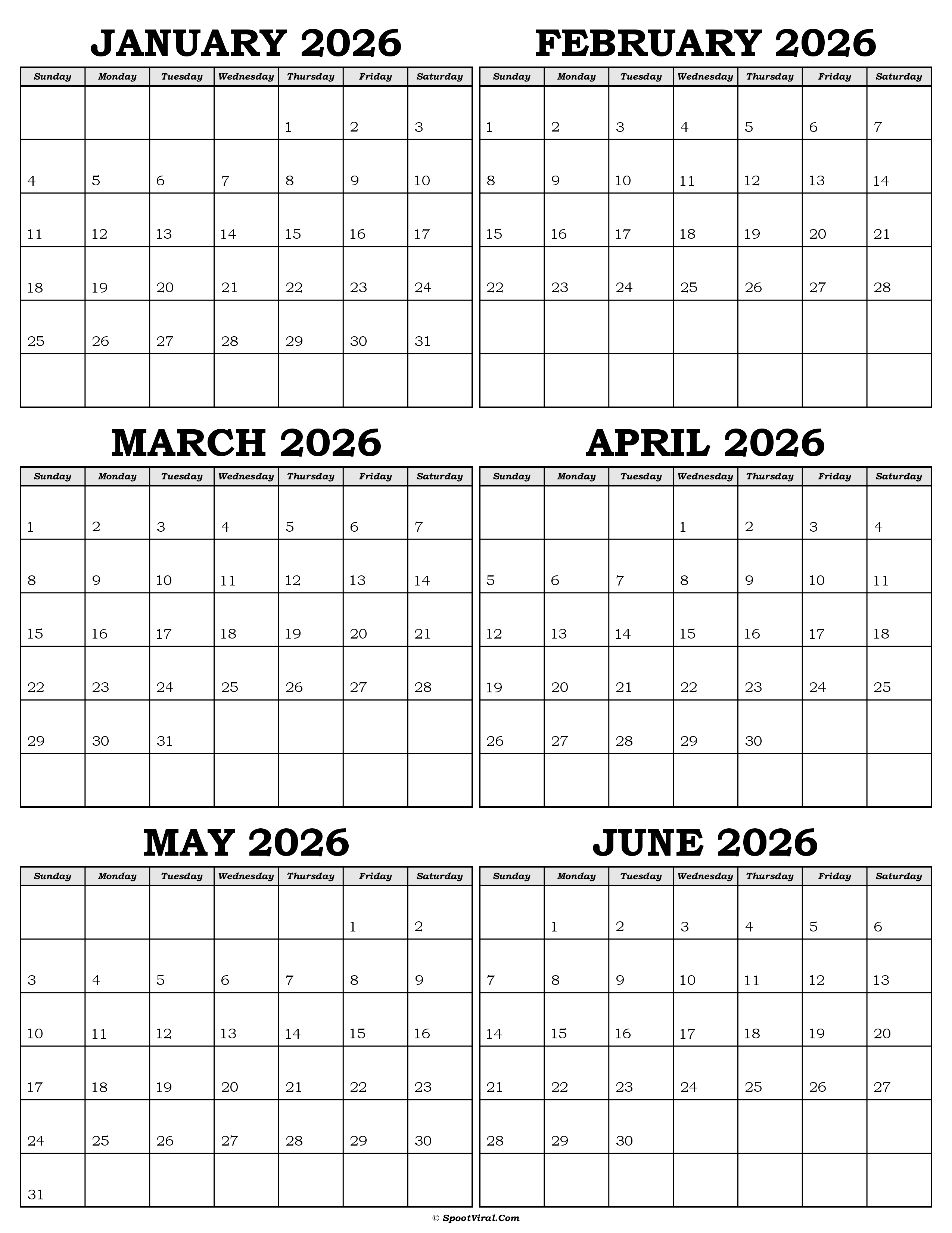 Calendar January to June 2026